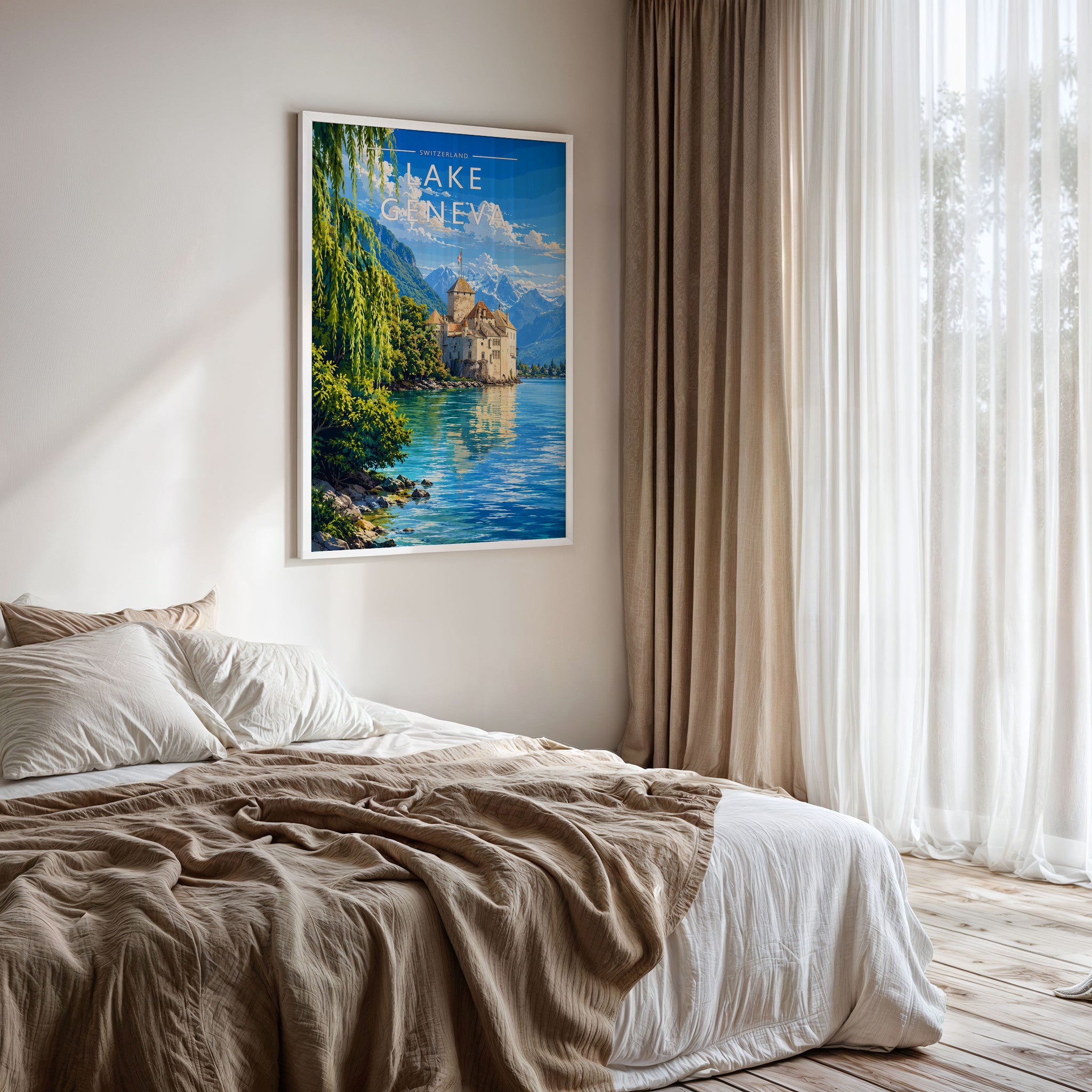 Lake Geneva Travel Poster framed on a bedroom wall