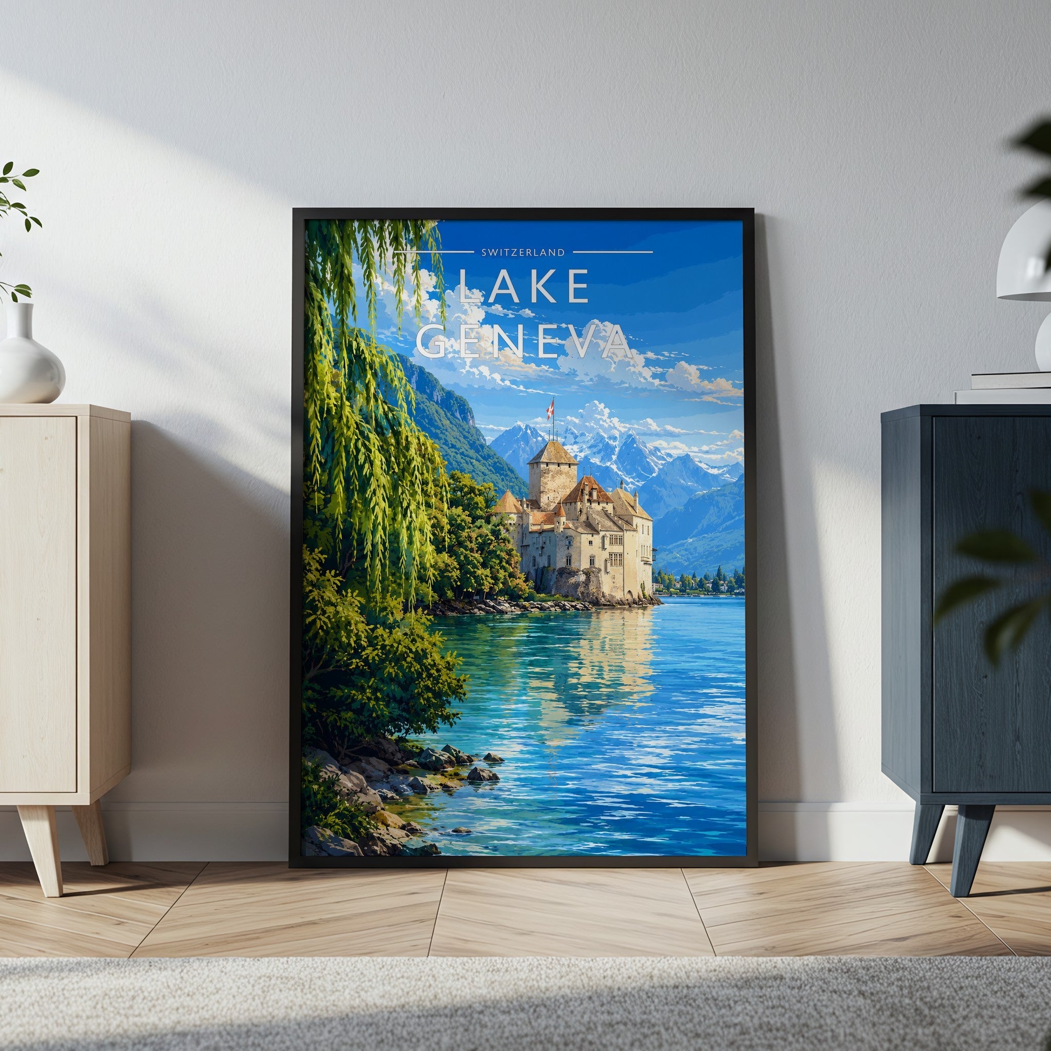 Lake Geneva Travel Poster in a black frame
