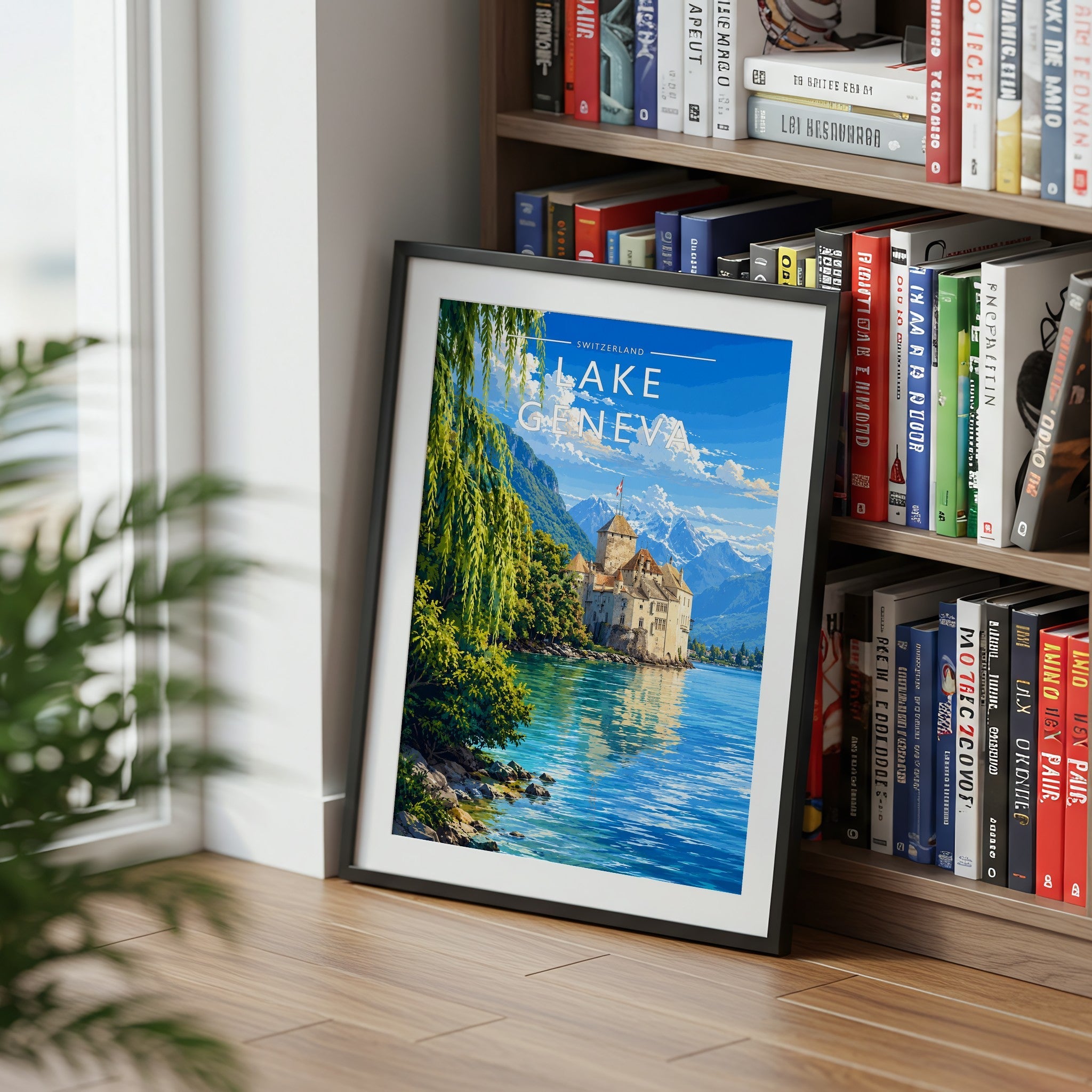 Lake Geneva Travel Poster mounted in a black frame