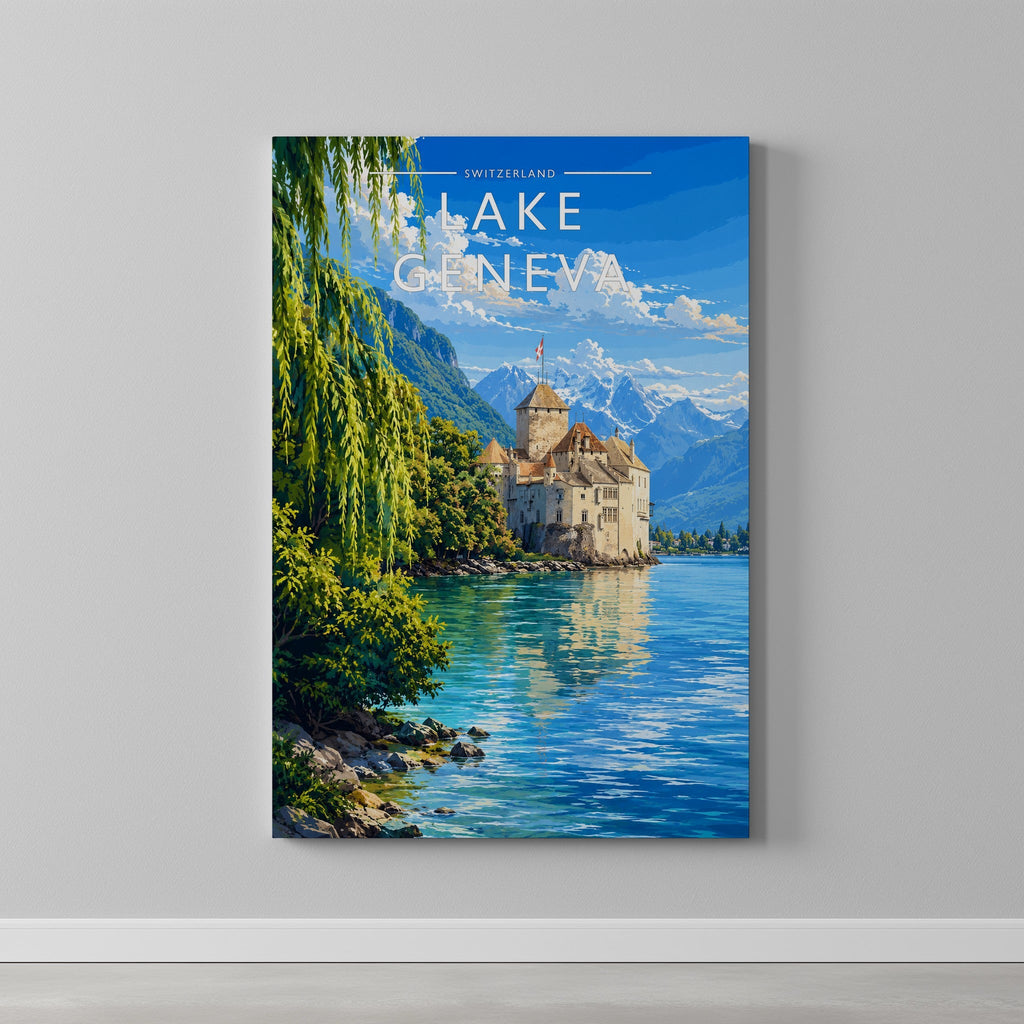 Lake Geneva Travel Poster as a gallery-wrapped canvas on a plain wall