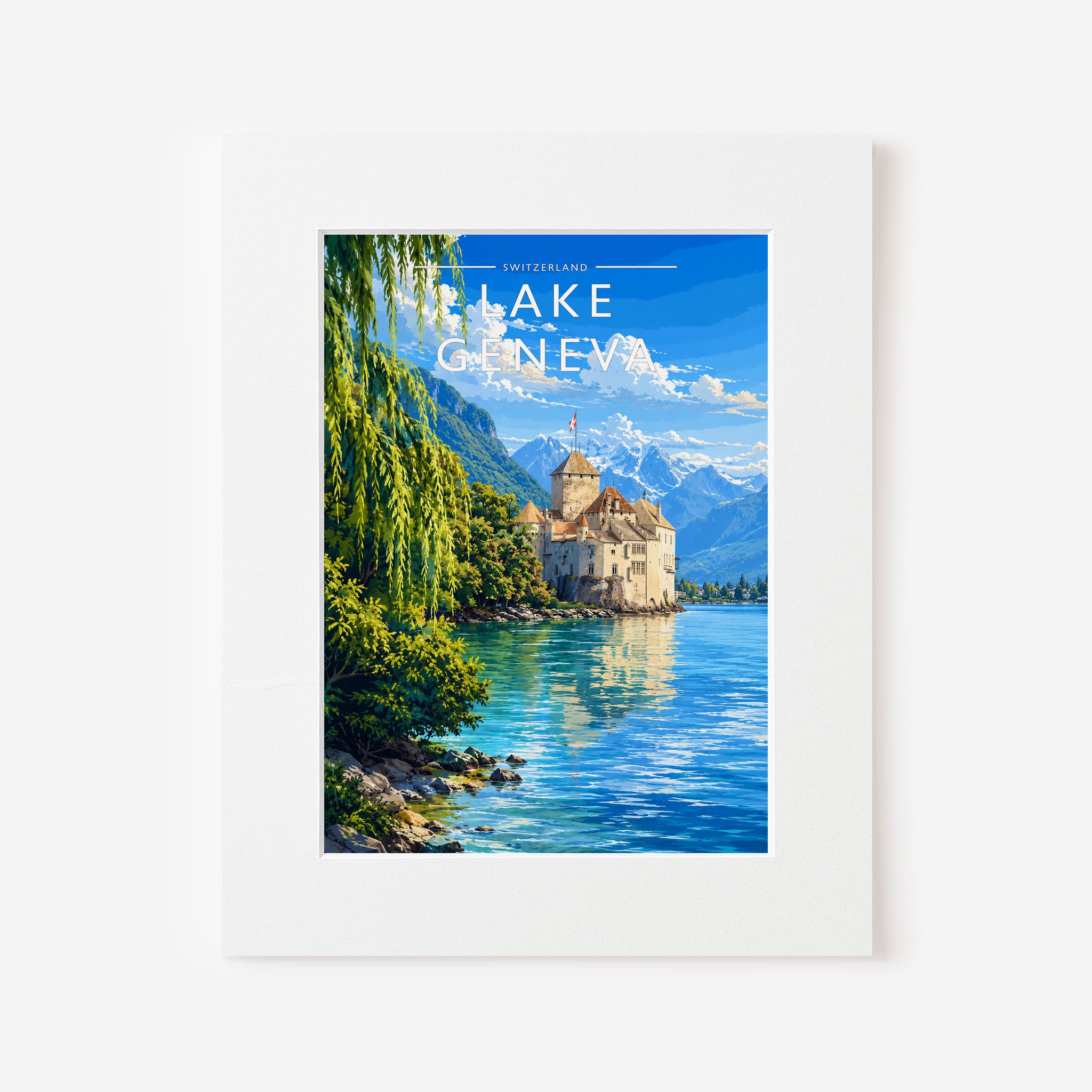 Lake Geneva Travel Poster in a white mount