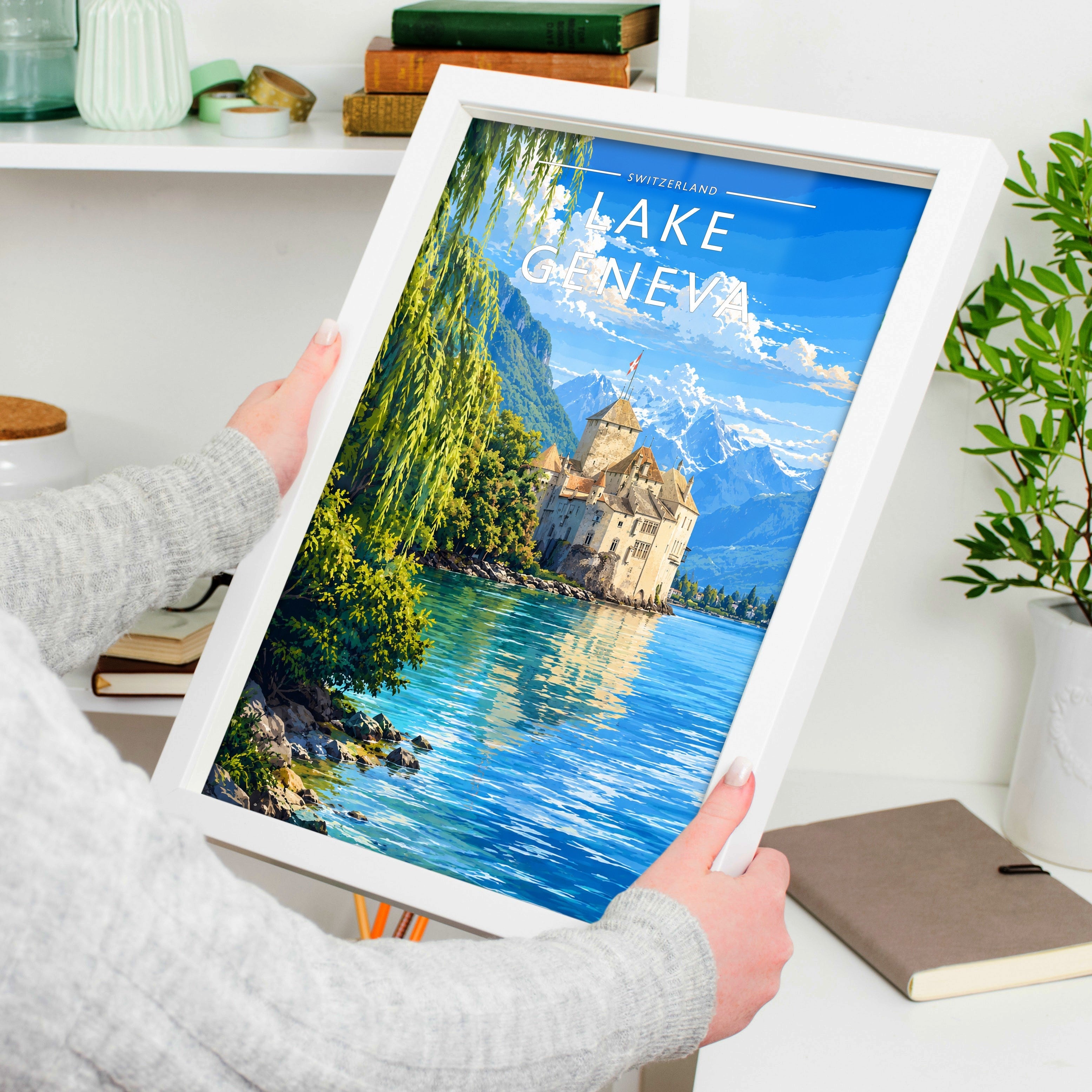 Lake Geneva Travel Poster held in a white frame