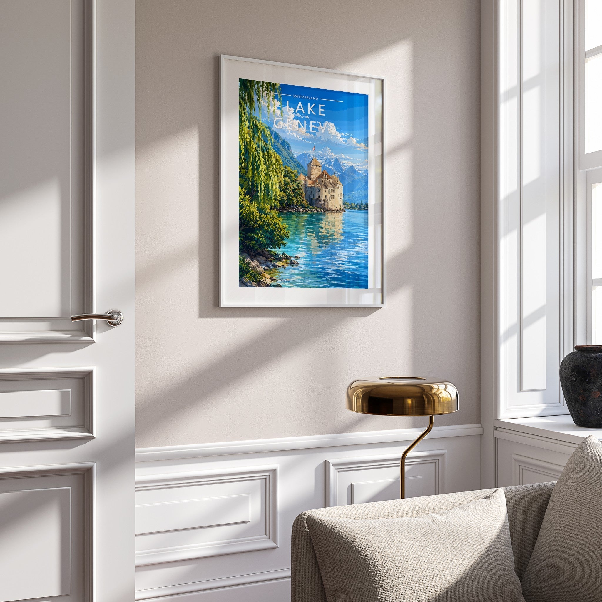 Lake Geneva Travel Poster mounted in a white frame
