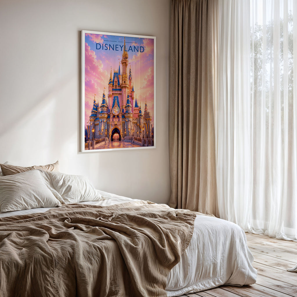 Paris Travel Poster framed on a bedroom wall