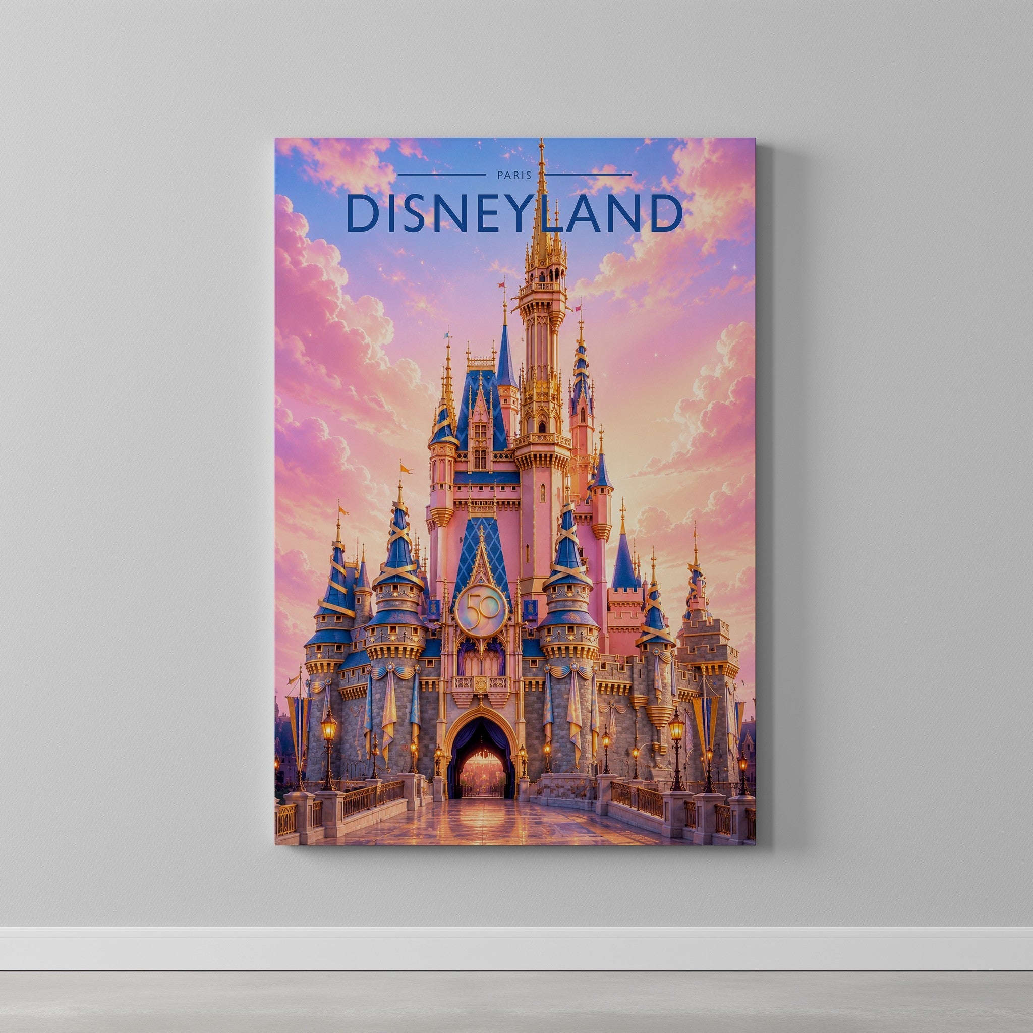 Paris Travel Poster as a gallery-wrapped canvas on a plain wall