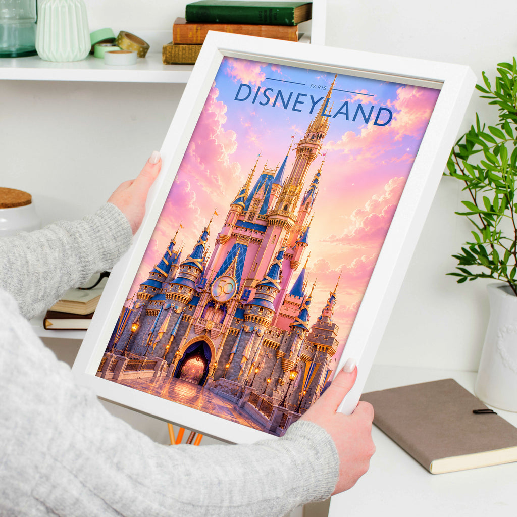 Paris Travel Poster in a white frame, held to show scale