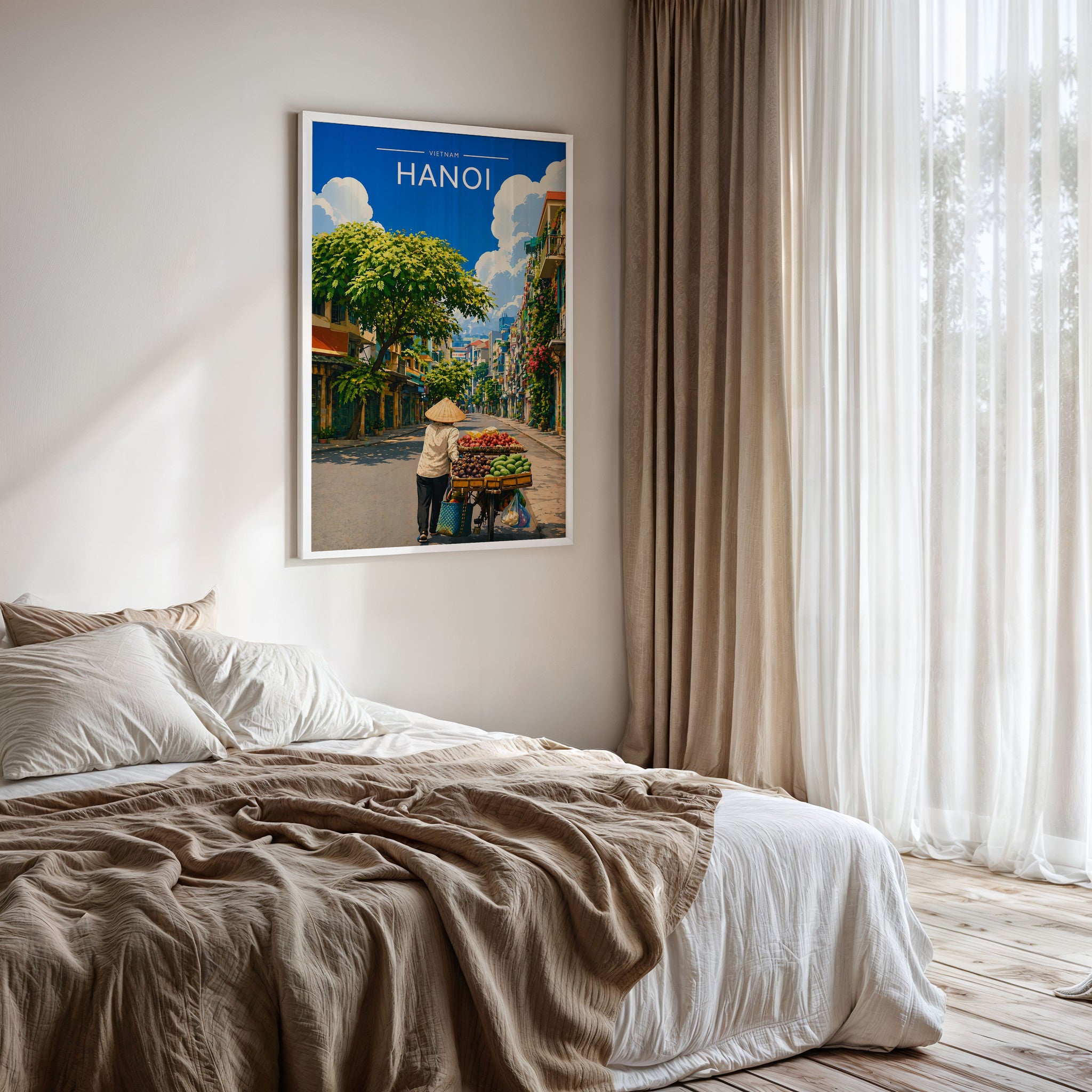 Hanoi #3 Travel Poster framed on a bedroom wall