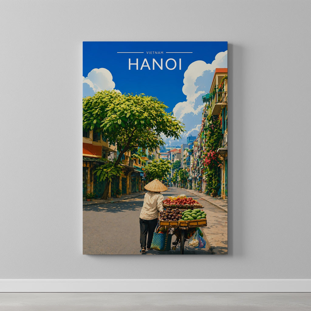 Hanoi #3 Travel Poster as a gallery-wrapped canvas on a plain wall