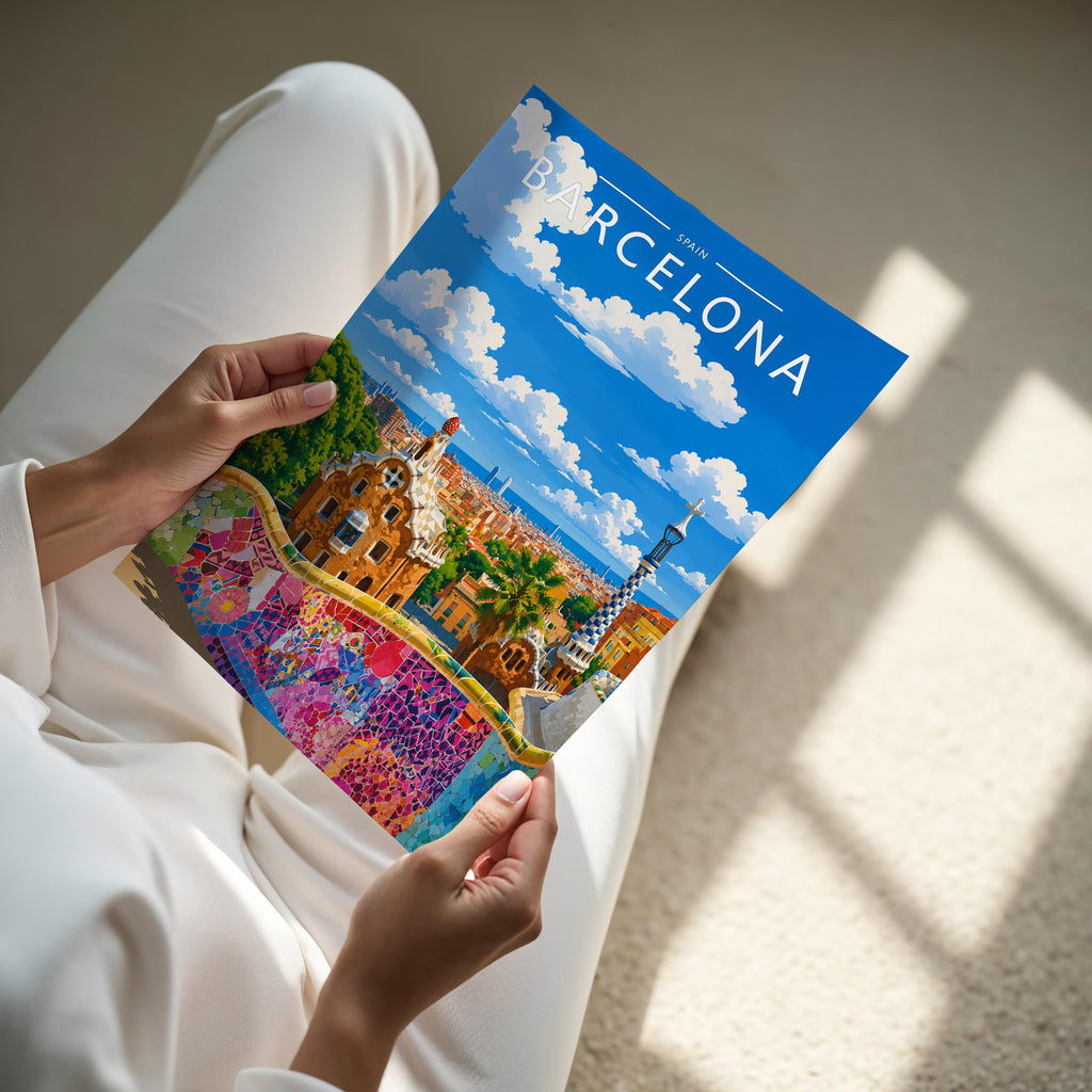 Barcelona #2 Travel Poster - A4 print held in hand