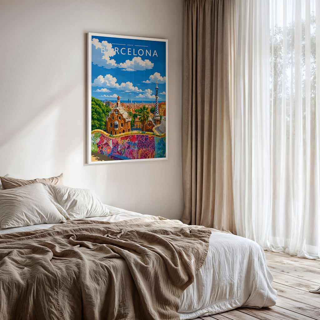 Barcelona #2 Travel Poster framed on a bedroom wall