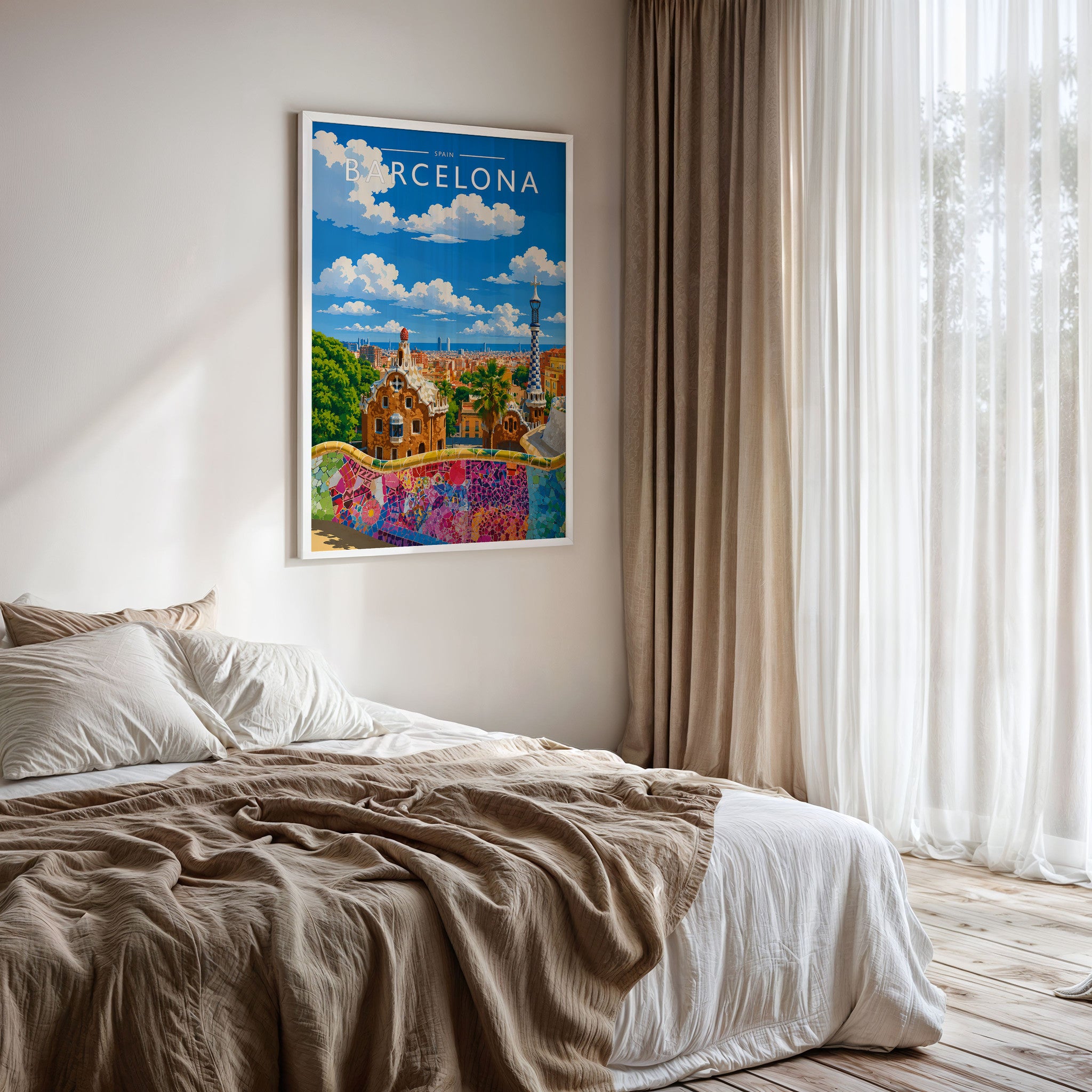 Barcelona #2 Travel Poster framed on a bedroom wall