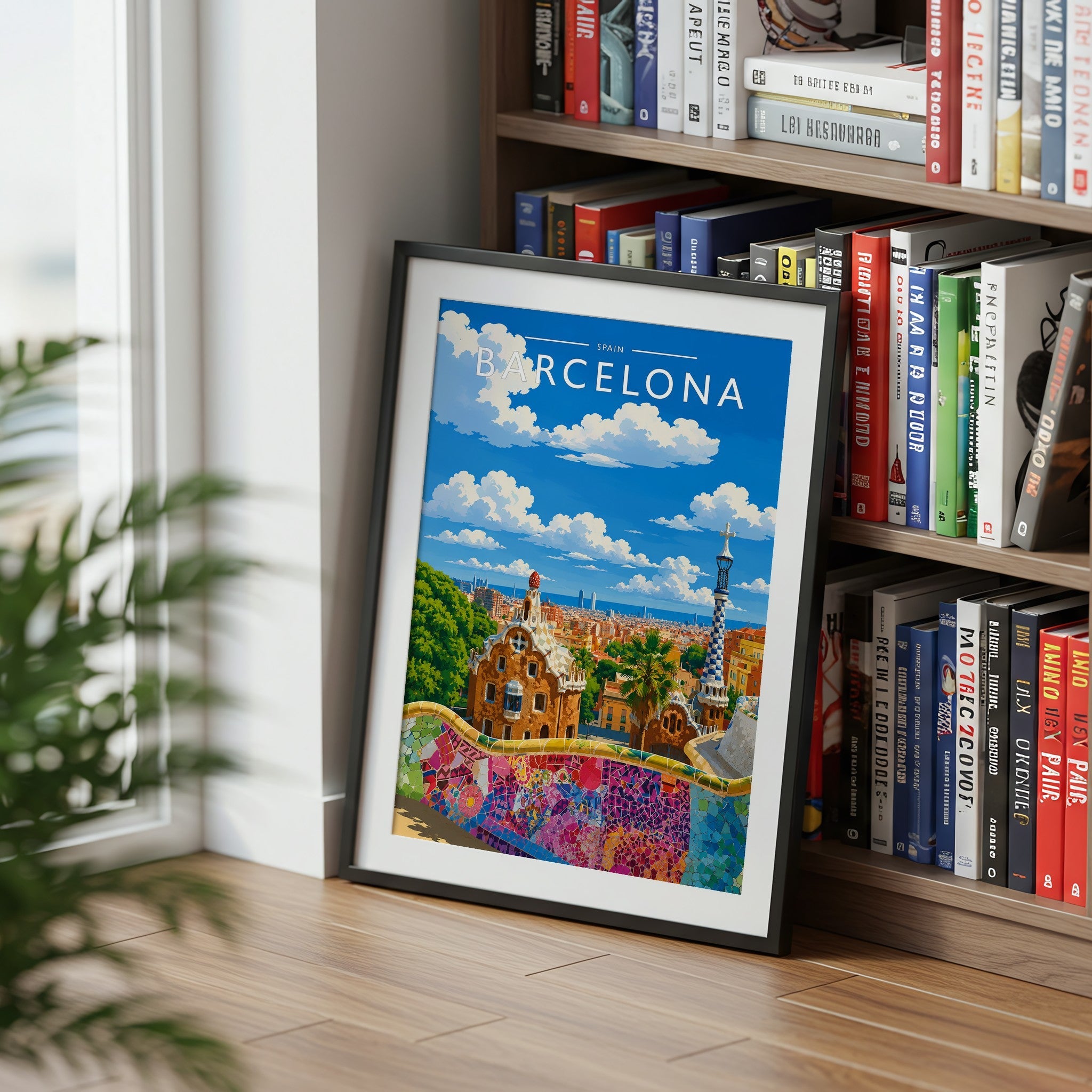 Barcelona #2 Travel Poster mounted in a black frame