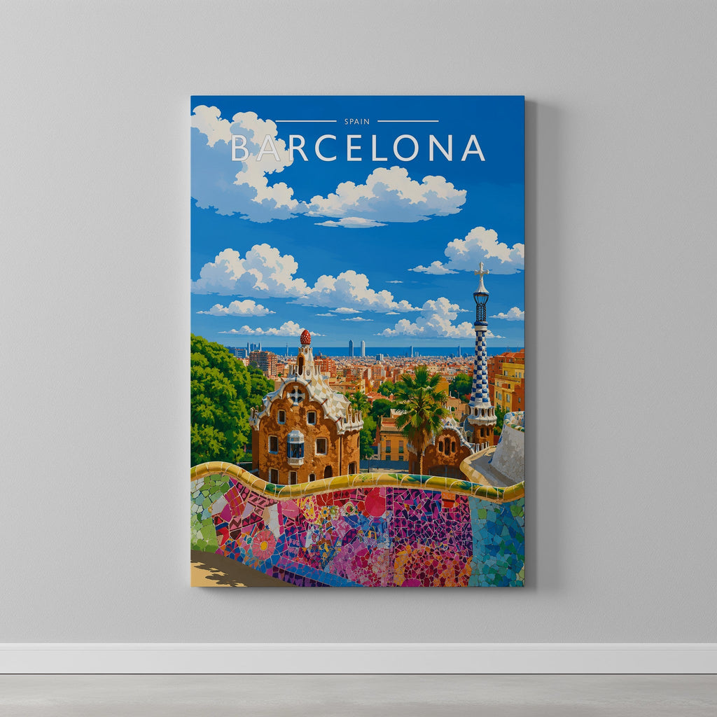 Barcelona #2 Travel Poster as a gallery-wrapped canvas on a plain wall