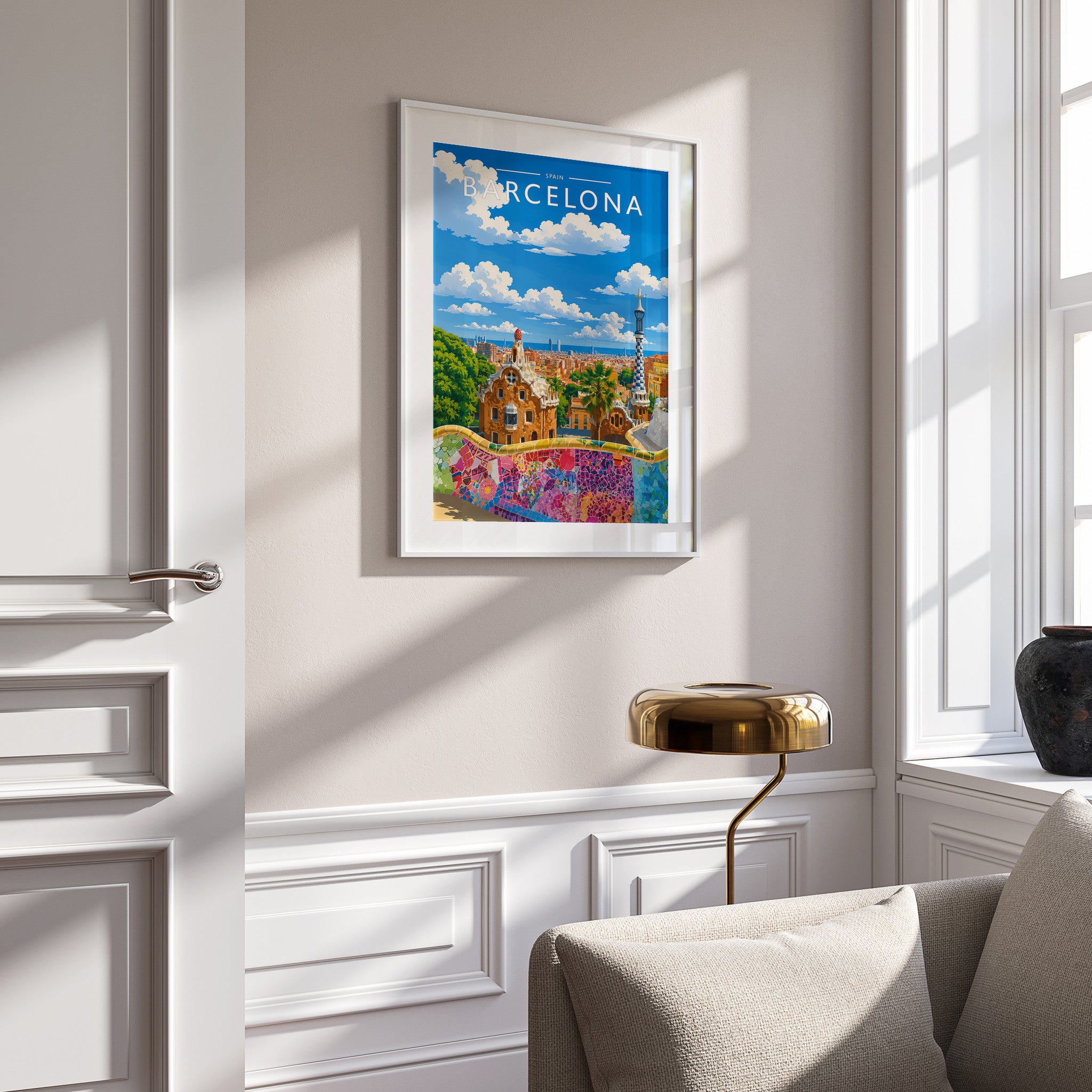 Barcelona #2 Travel Poster in a white frame on a panelled wall