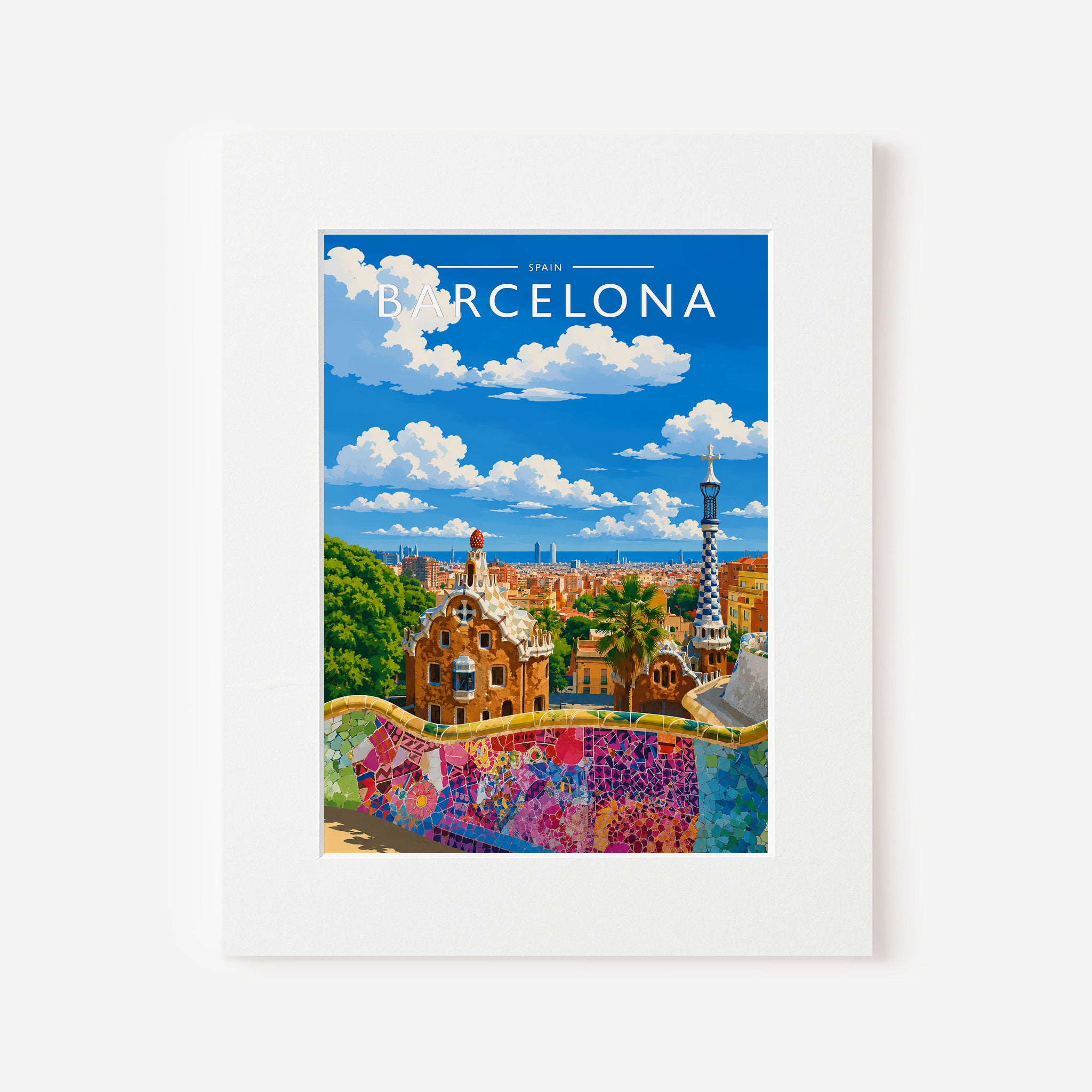 Barcelona #2 Travel Poster in a white mount