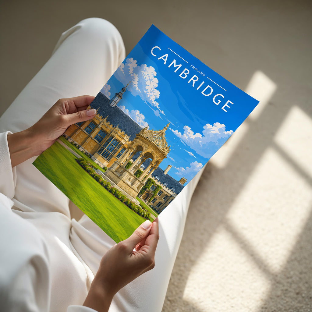 Cambridge #2 Travel Poster - A4 print held in hand