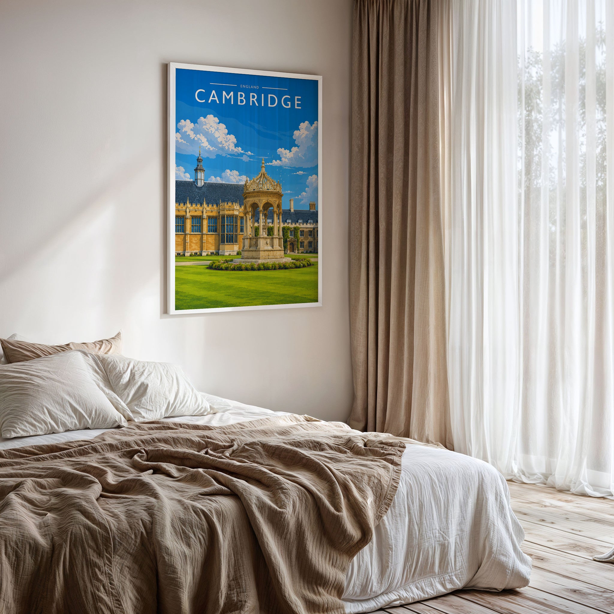 Cambridge #2 Travel Poster framed on a bedroom wall