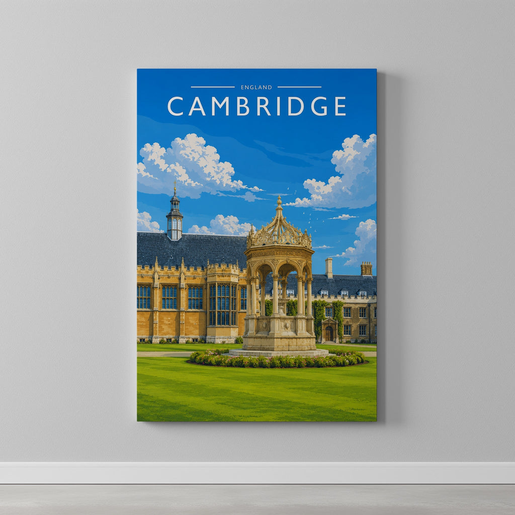 Cambridge #2 Travel Poster as a gallery-wrapped canvas on a plain wall