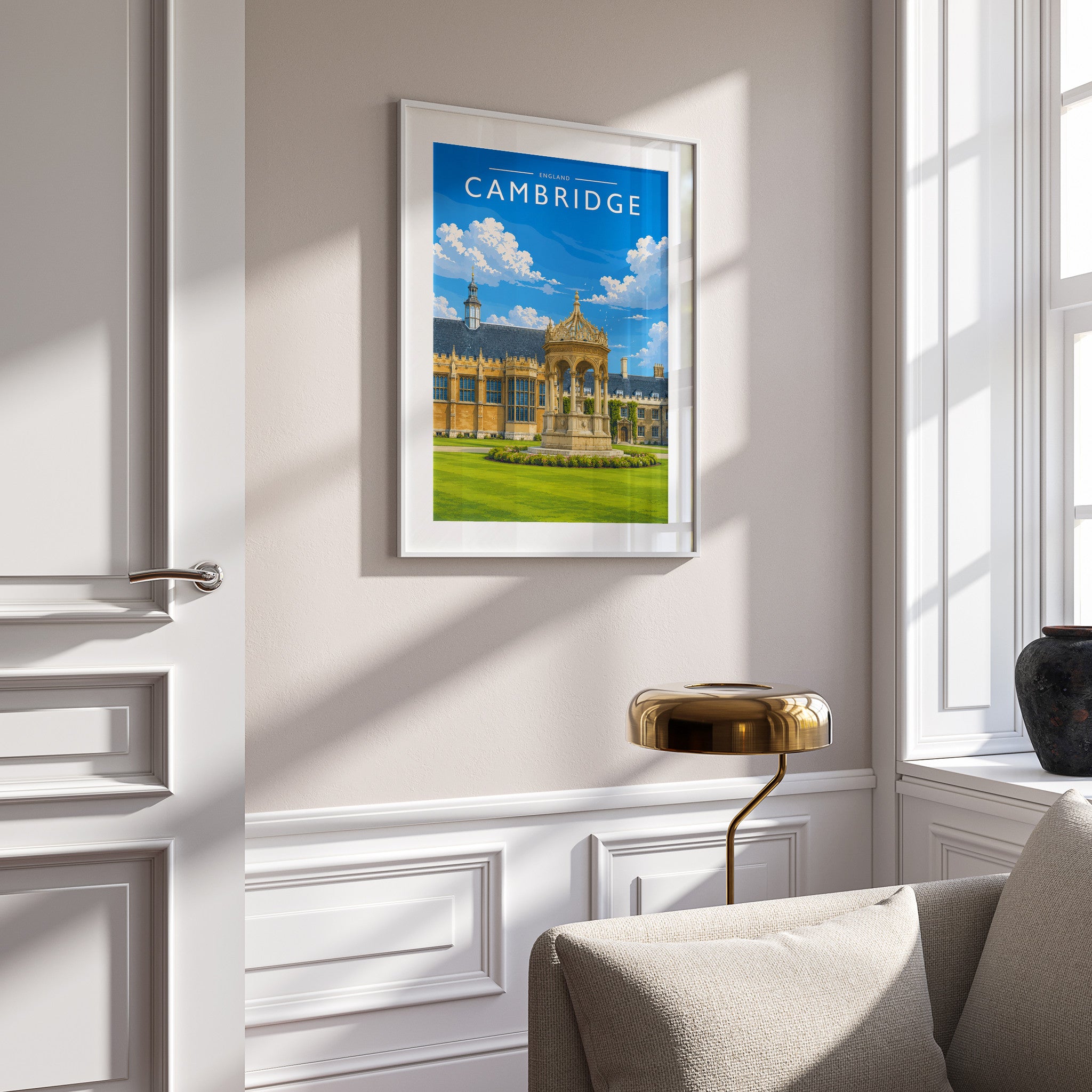 Cambridge #2 Travel Poster in a white frame on a panelled wall