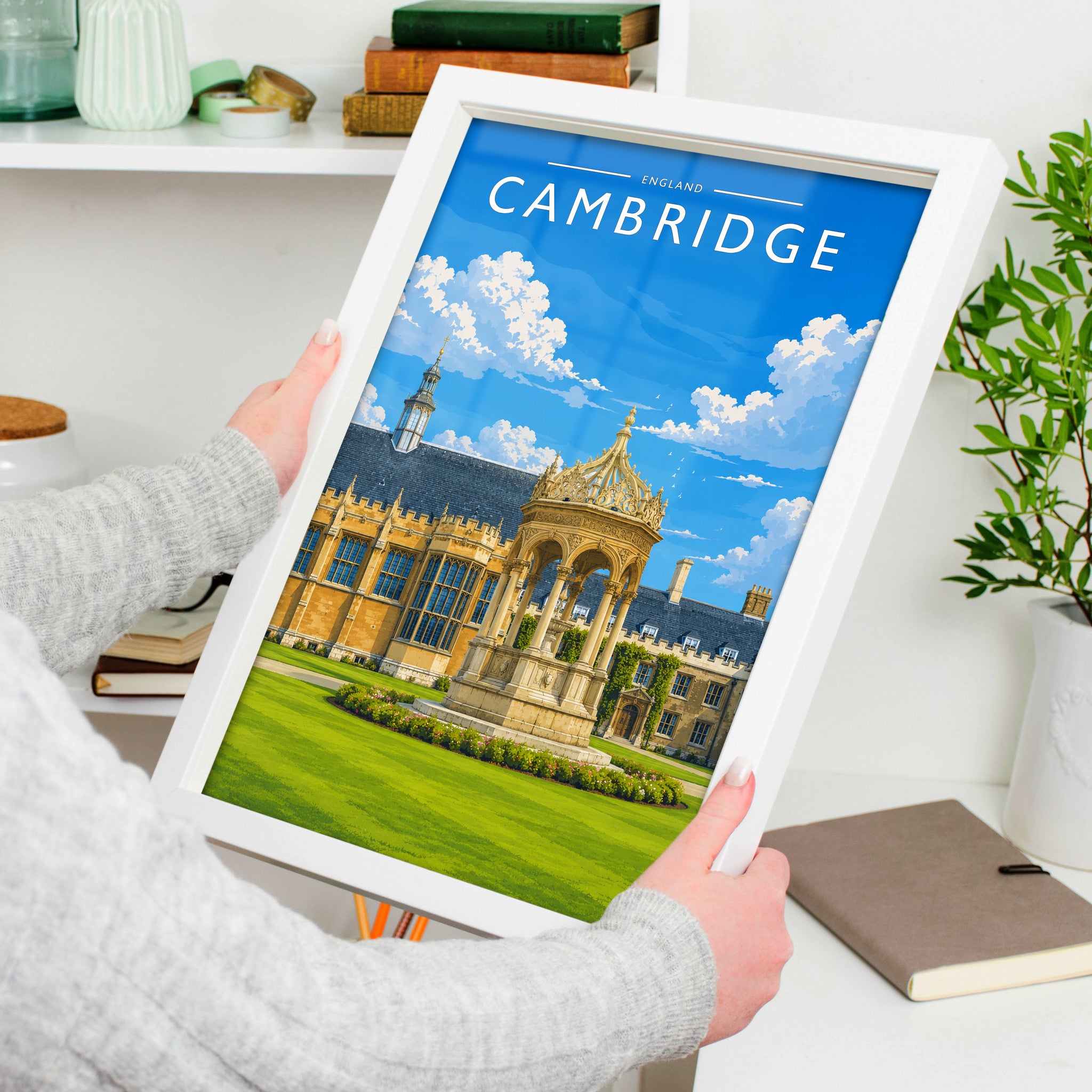 Cambridge #2 Travel Poster in a white frame, held to show scale