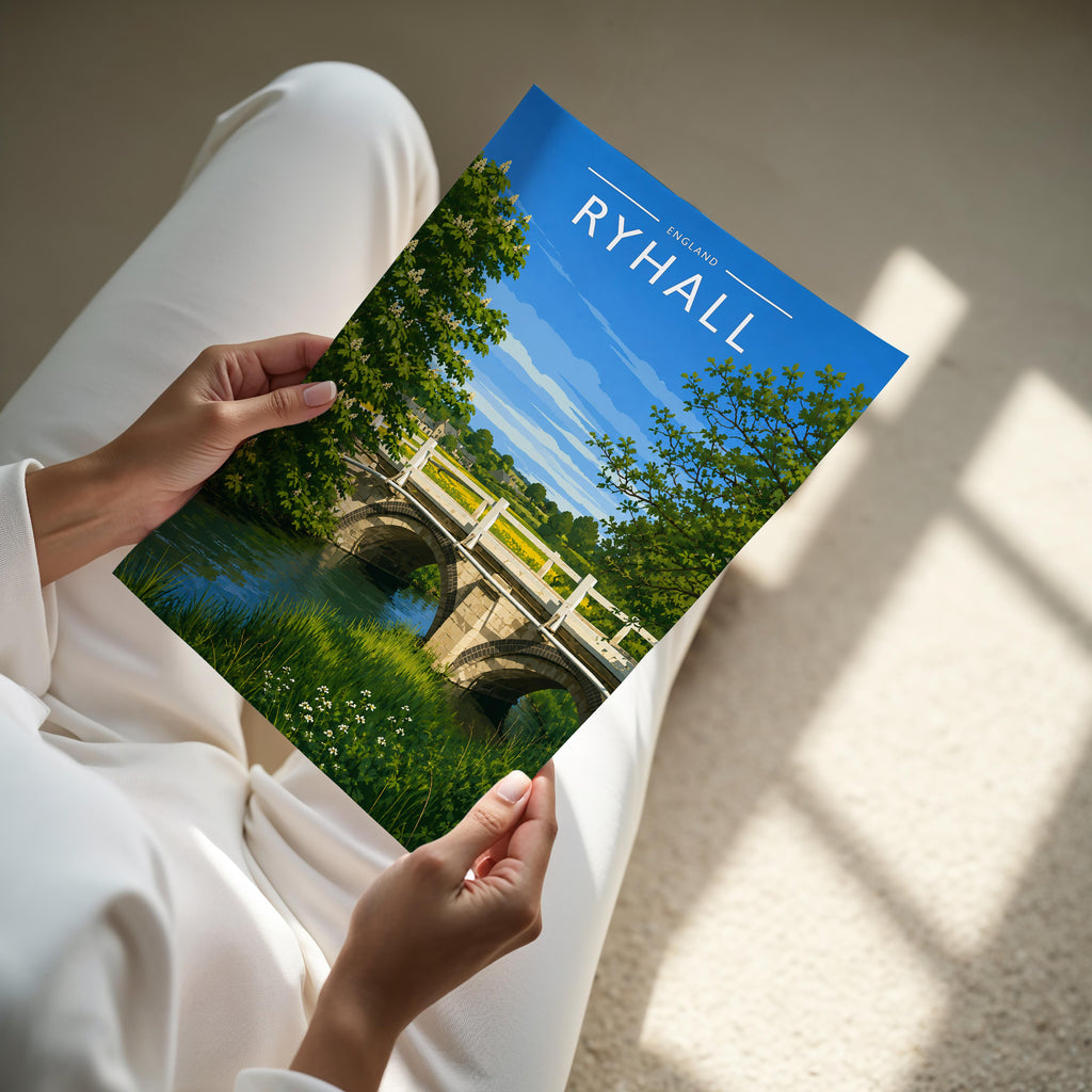Ryhall Travel Poster - A4 print held in hand