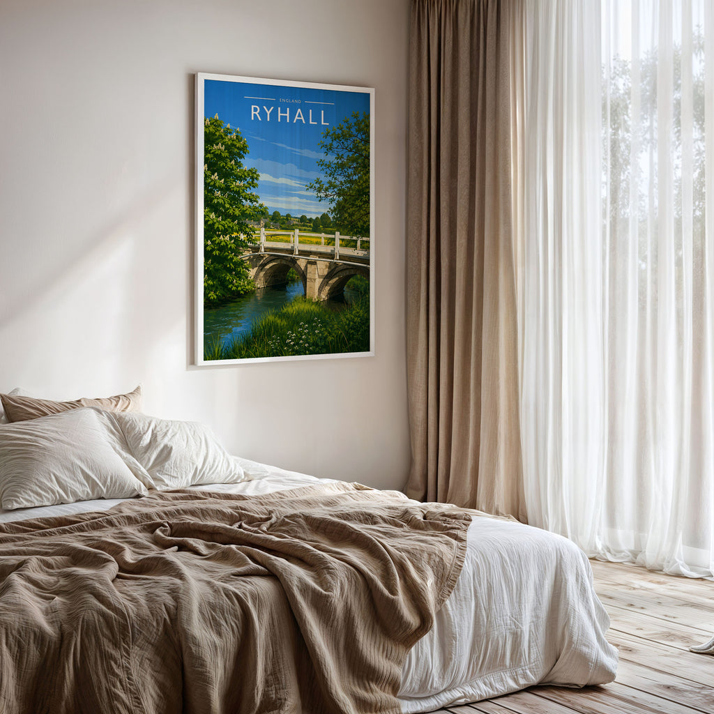Ryhall Travel Poster framed on a bedroom wall