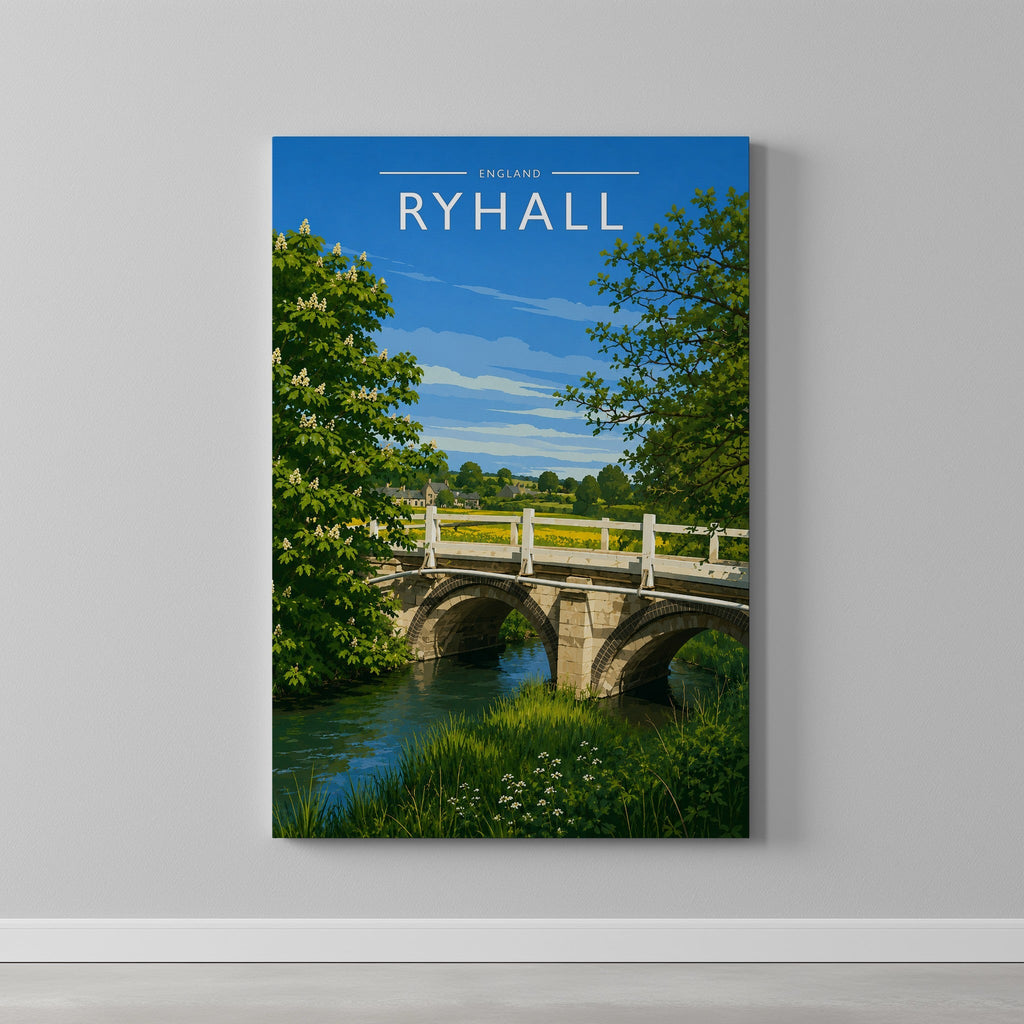 Ryhall Travel Poster as a gallery-wrapped canvas on a plain wall