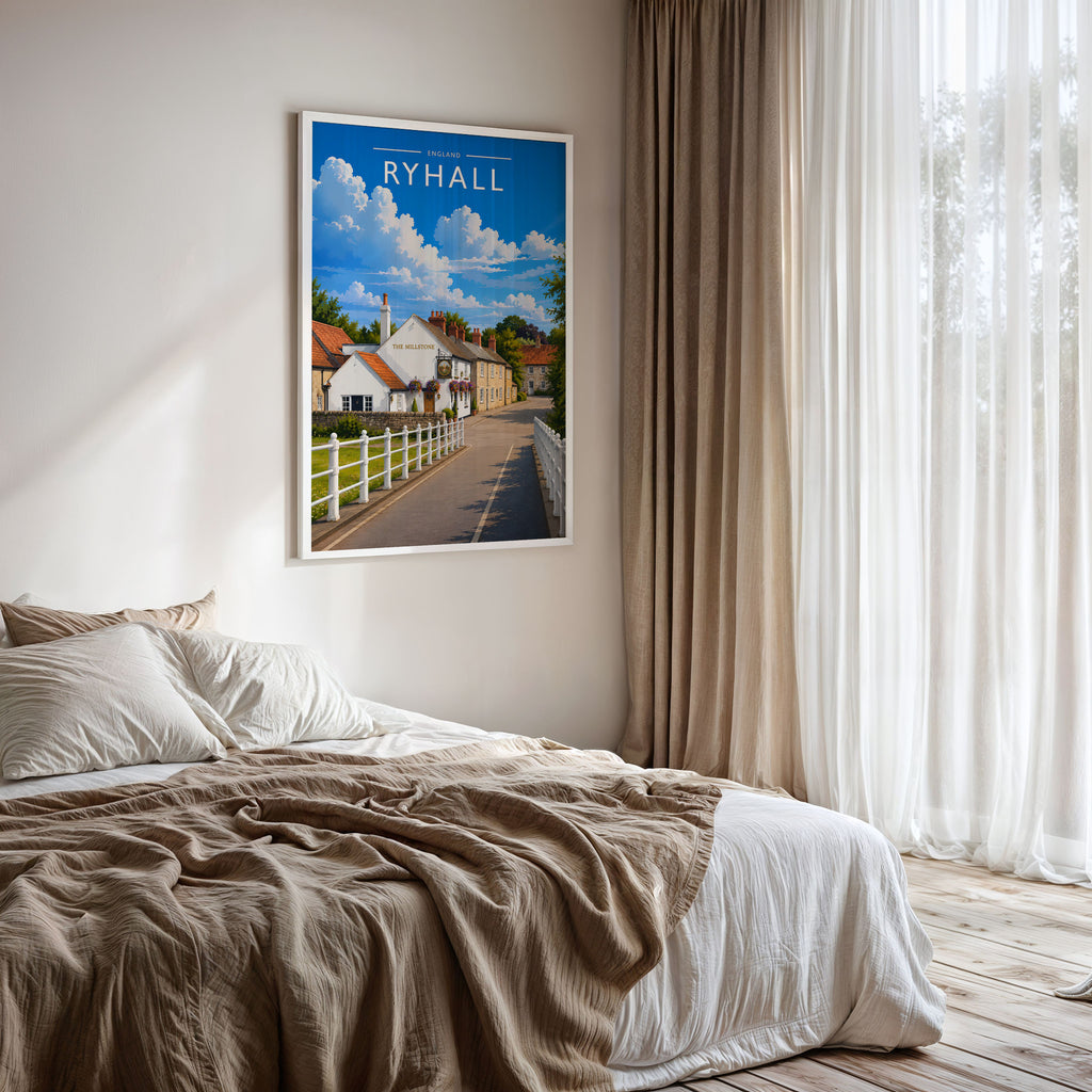 Ryhall #2 Travel Poster framed on a bedroom wall