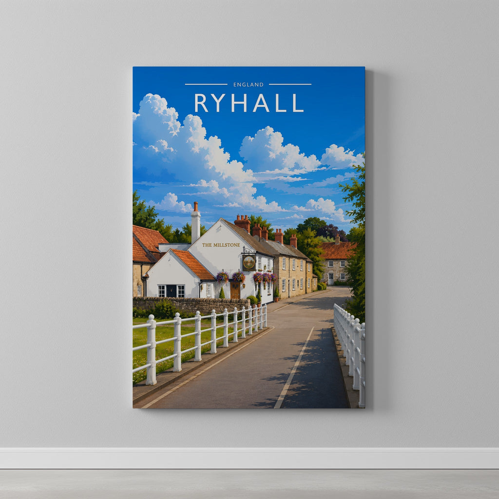 Ryhall #2 Travel Poster as a gallery-wrapped canvas on a plain wall
