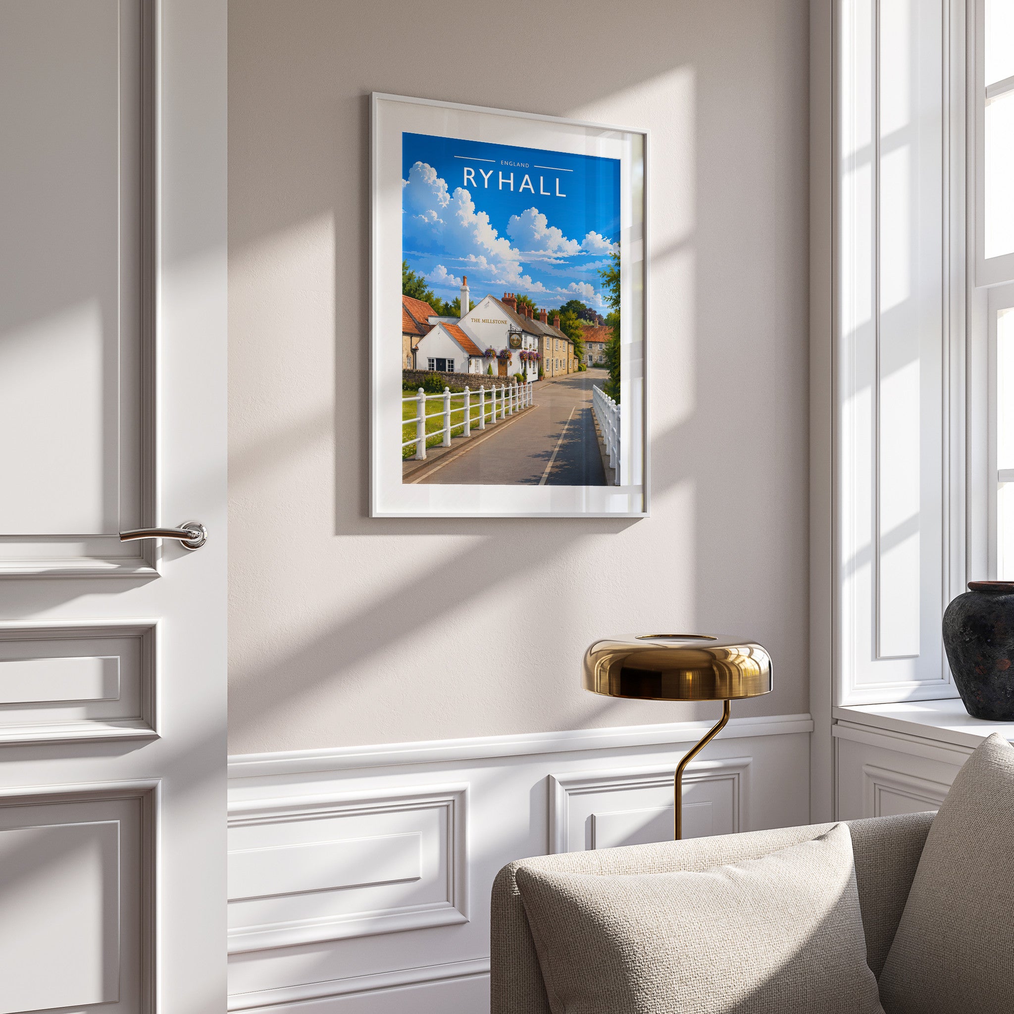 Ryhall #2 Travel Poster in a white frame on a panelled wall