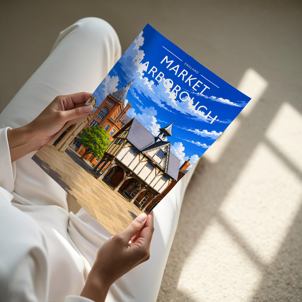 Market Harborough #2 Travel Poster - A4 print held in hand