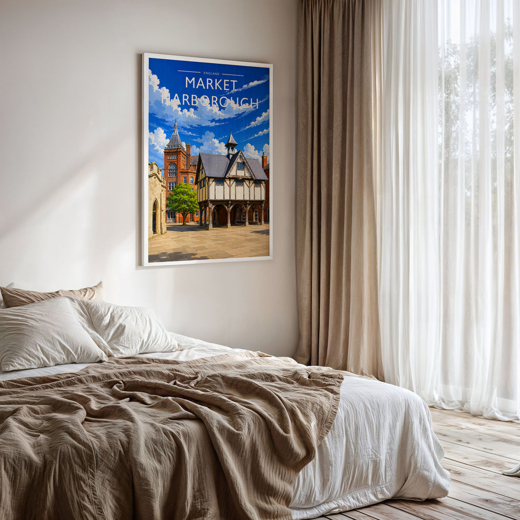 Market Harborough #2 Travel Poster framed on a bedroom wall
