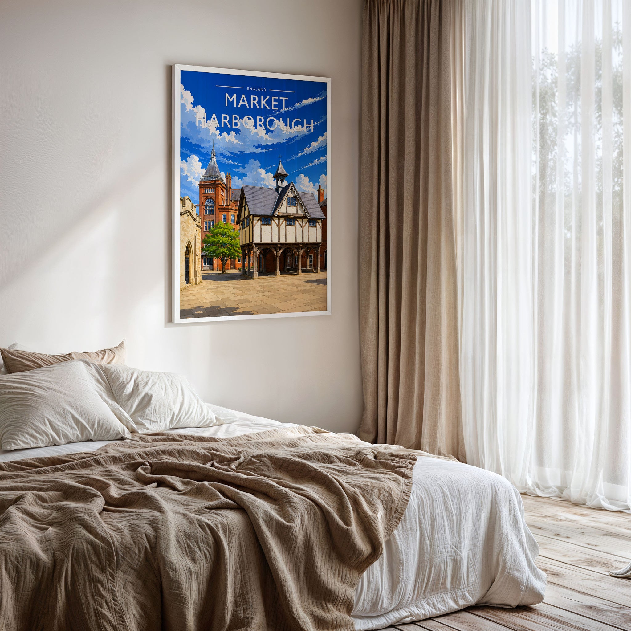 Market Harborough #2 Travel Poster framed on a bedroom wall
