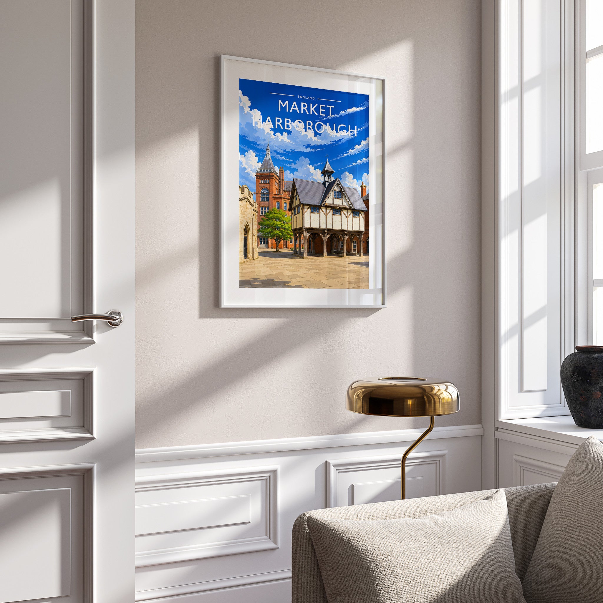 Market Harborough #2 Travel Poster in a white frame on a panelled wall
