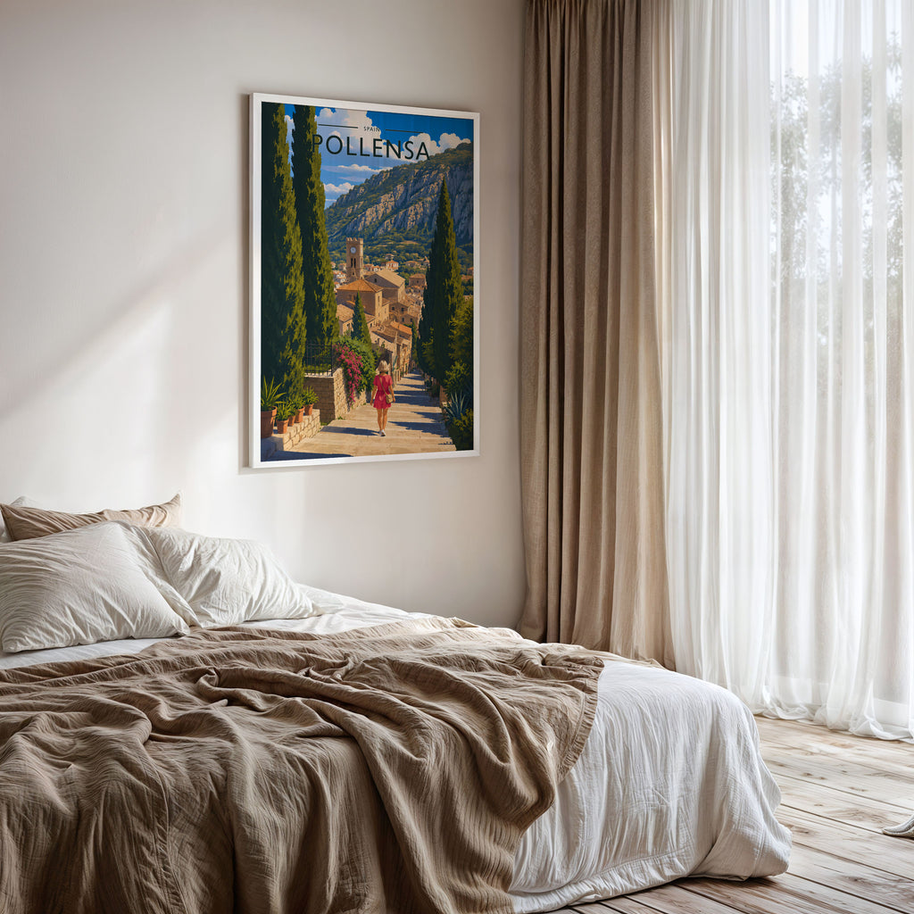 Pollensa #2 Travel Poster framed on a bedroom wall