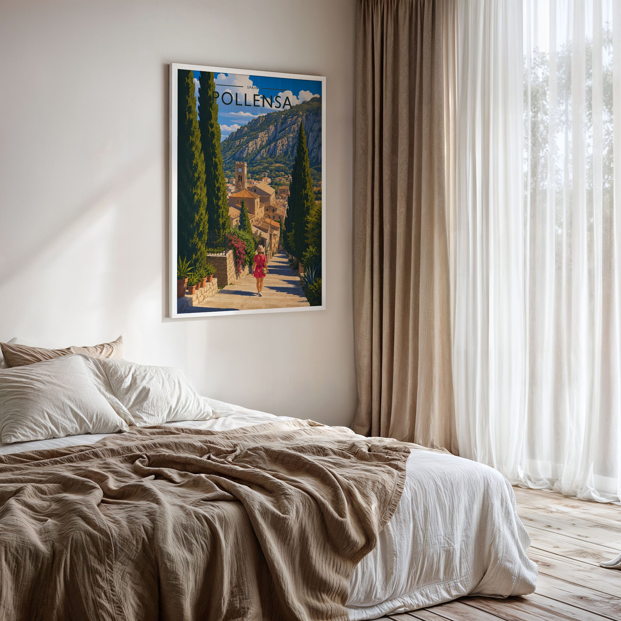 Pollensa #2 Travel Poster framed on a bedroom wall