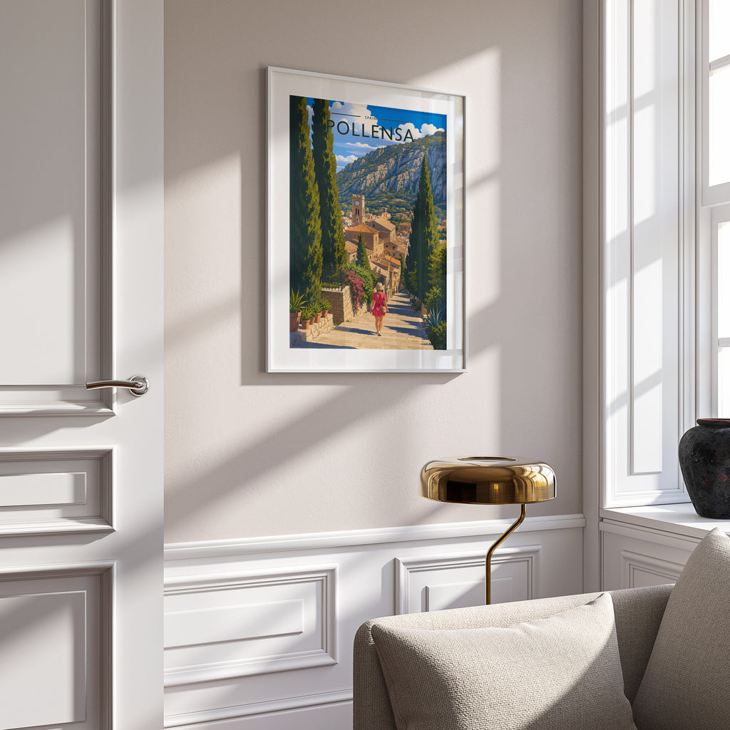 Pollensa #2 Travel Poster in a white frame on a panelled wall