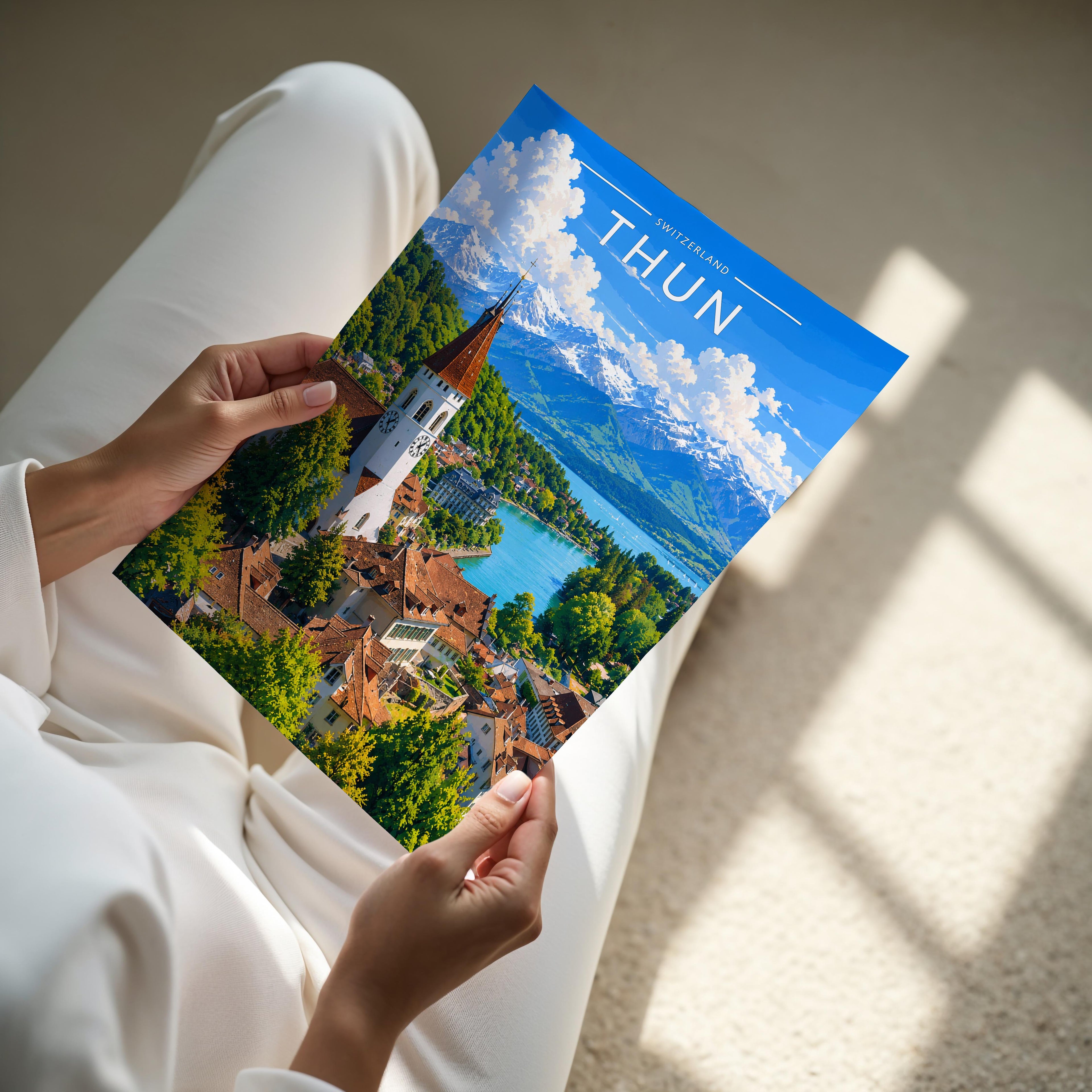 Thun Travel Poster - A4 print held in hand