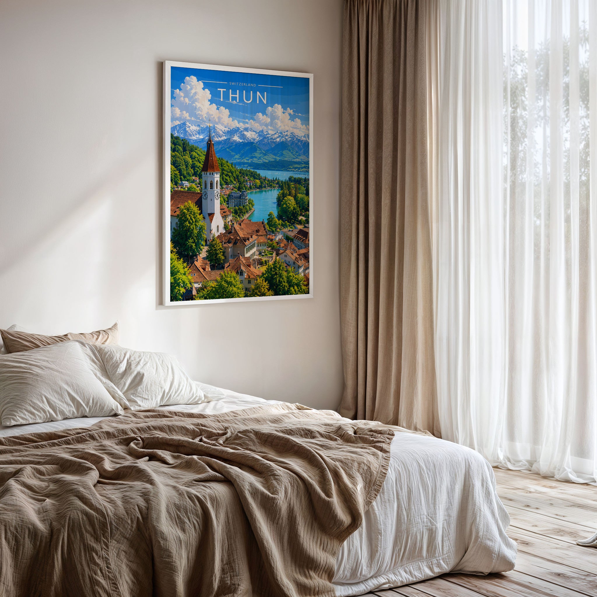 Thun Travel Poster framed on a bedroom wall
