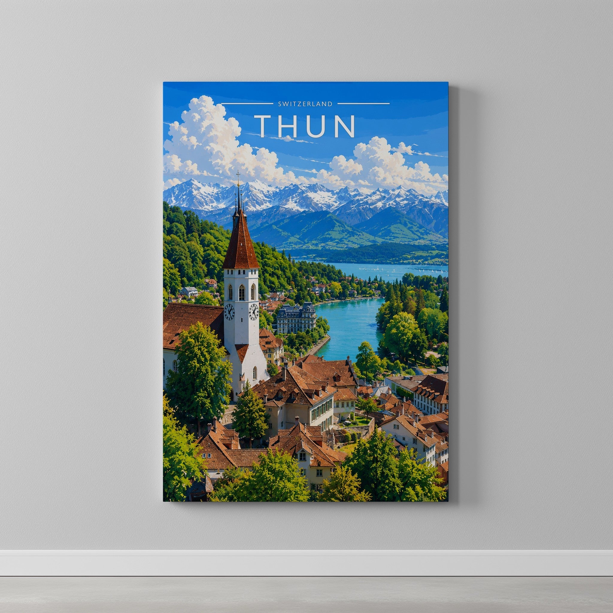 Thun Travel Poster as a gallery-wrapped canvas on a plain wall