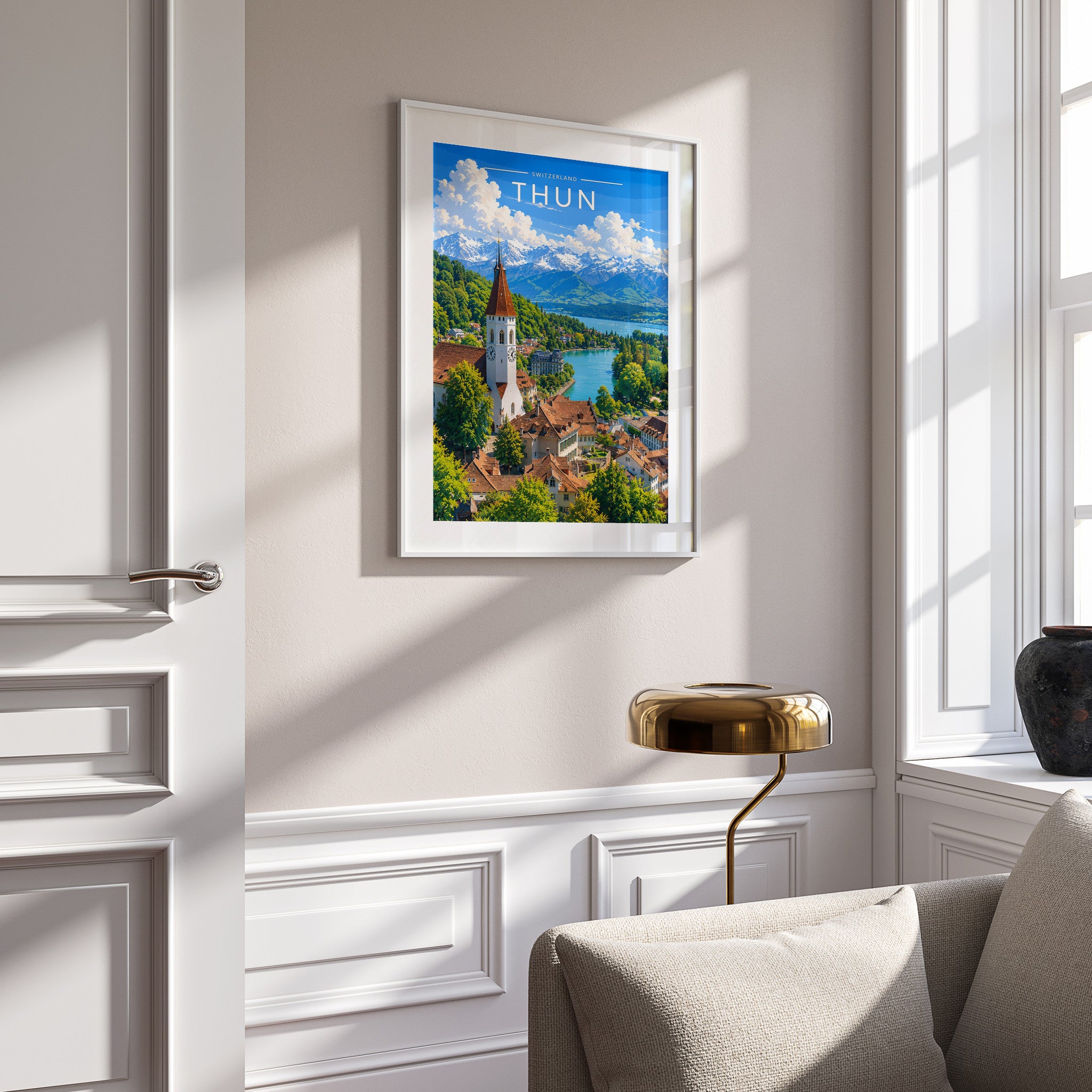 Thun Travel Poster in a white frame on a panelled wall