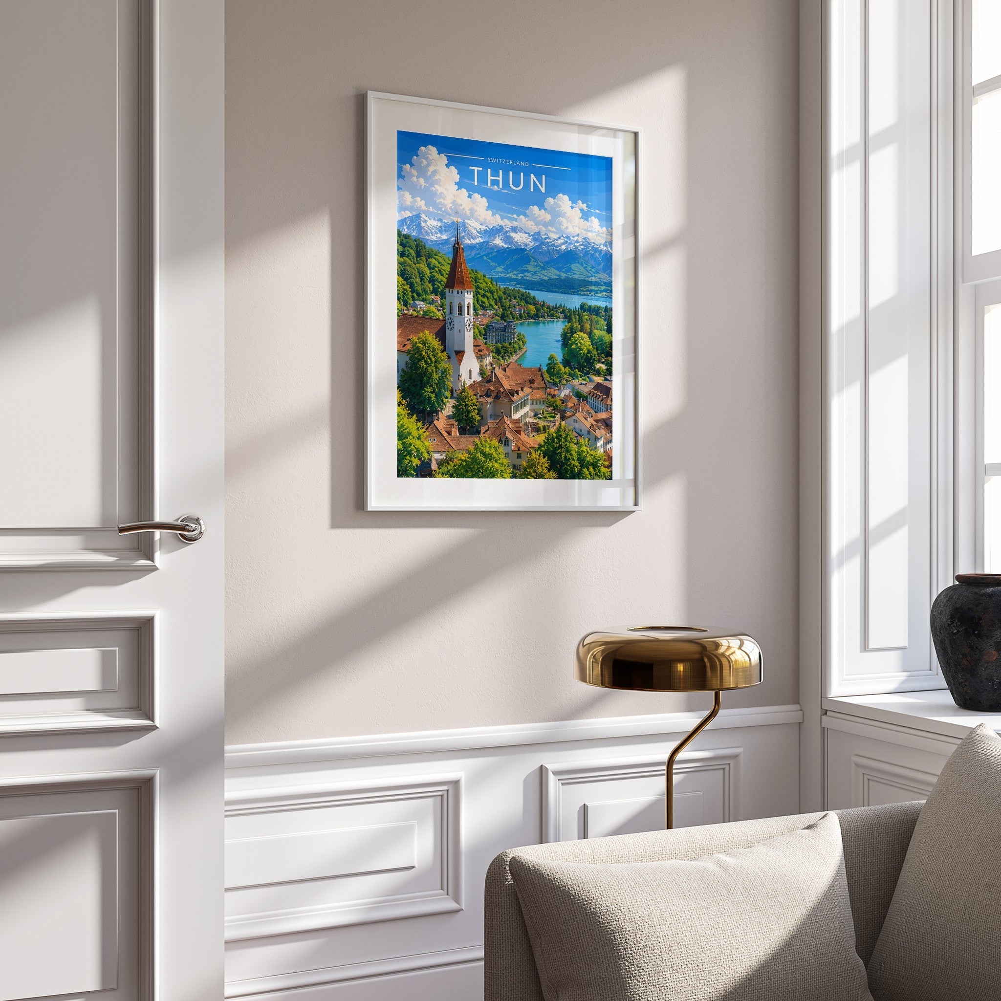 Thun Travel Poster mounted in a white frame