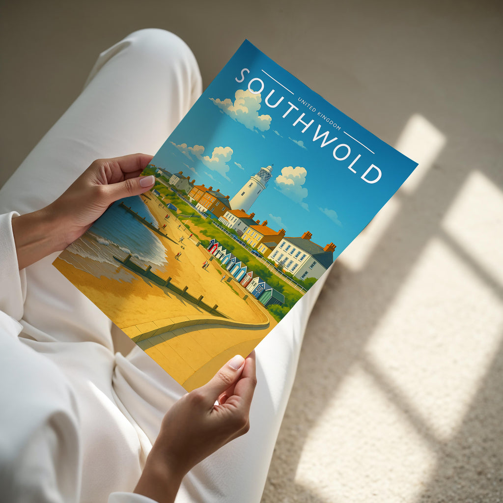 Southwold Travel Poster - A4 print held in hand