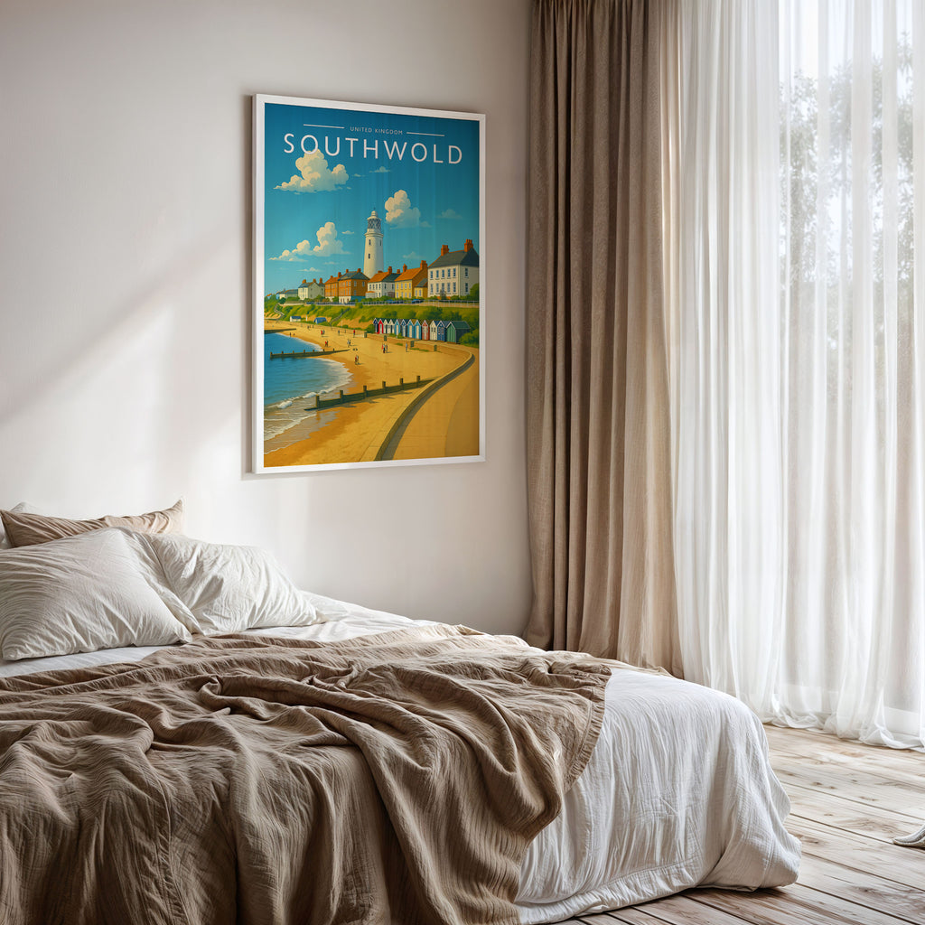 Southwold Travel Poster framed on a bedroom wall