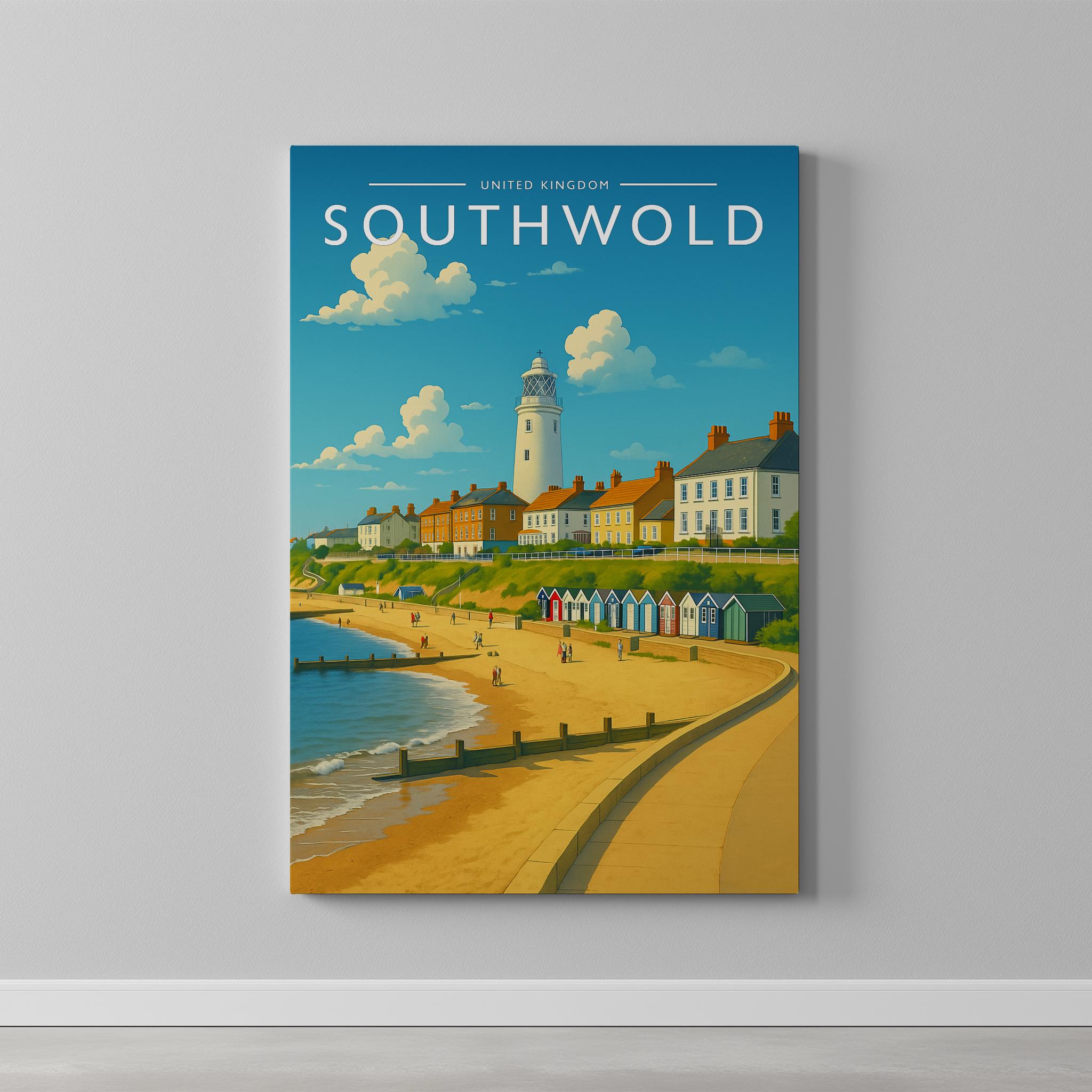 Southwold Travel Poster as a gallery-wrapped canvas on a plain wall