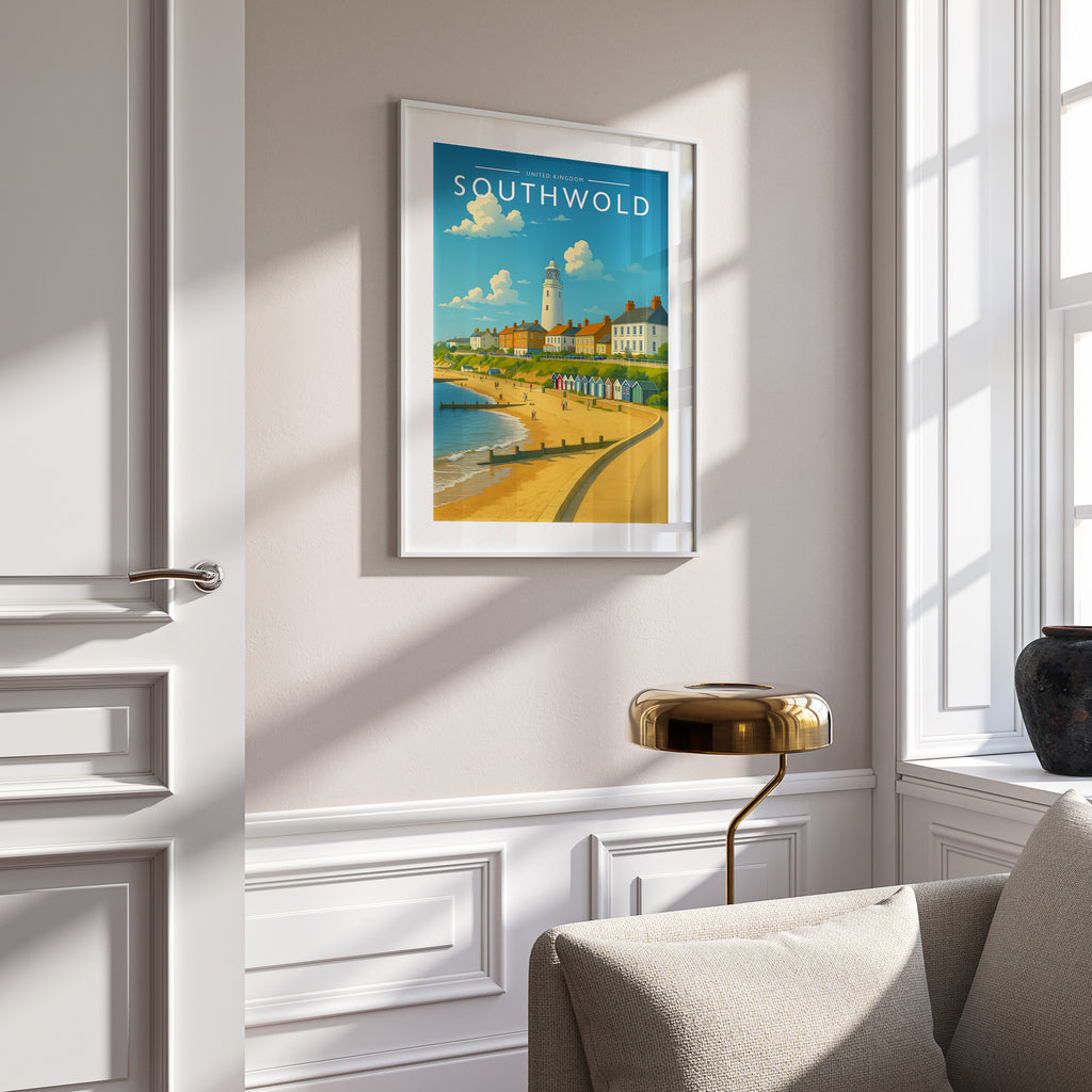 Southwold Travel Poster in a white frame on a panelled wall