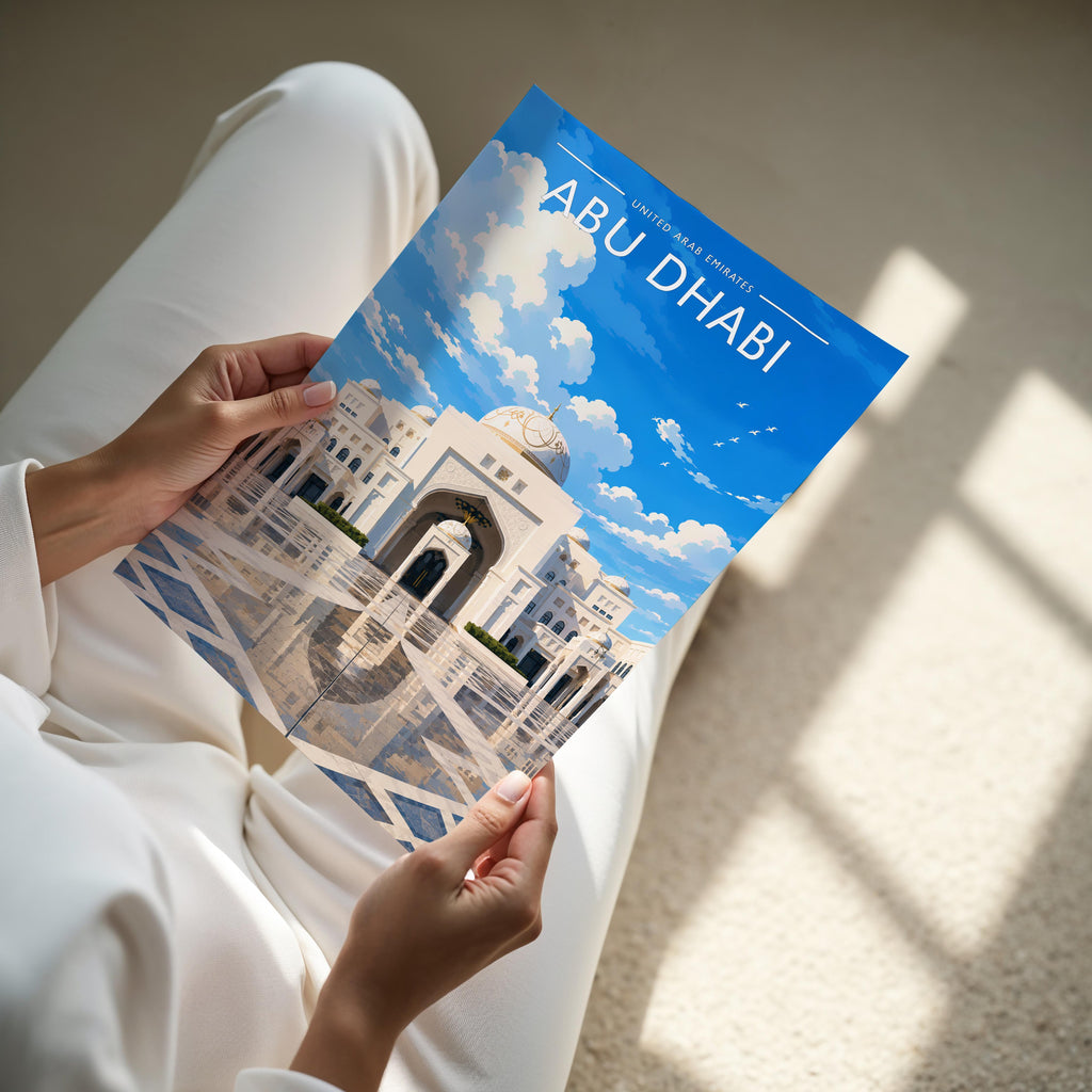 Abu Dhabi #3 Travel Poster - A4 print held in hand