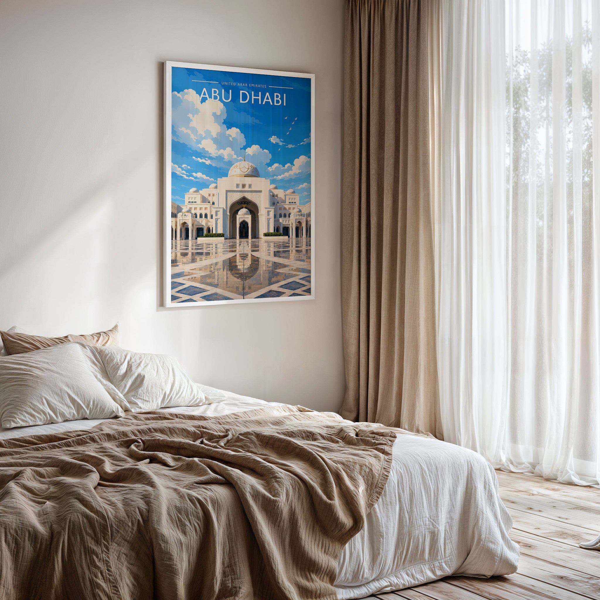 Abu Dhabi #3 Travel Poster framed on a bedroom wall