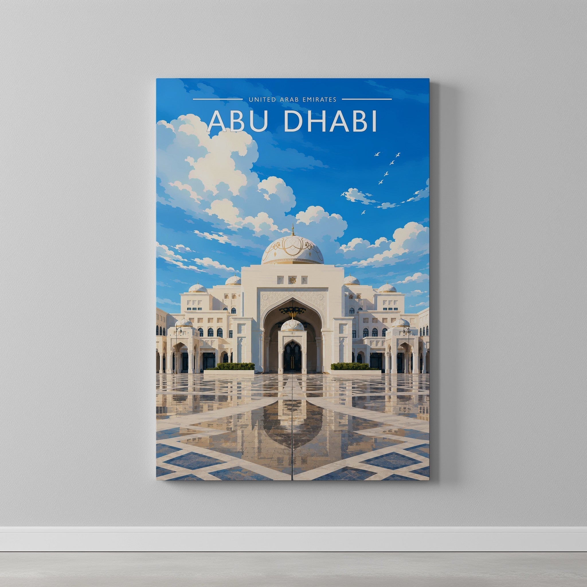 Abu Dhabi #3 Travel Poster as a gallery-wrapped canvas on a plain wall