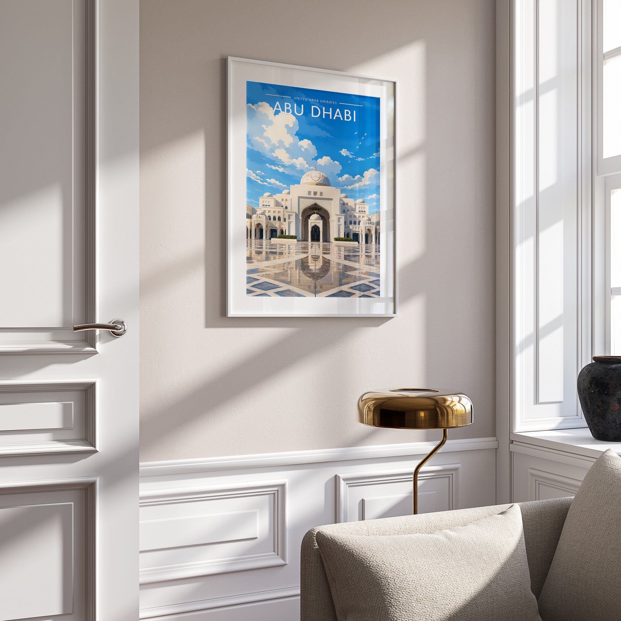 Abu Dhabi #3 Travel Poster in a white frame on a panelled wall
